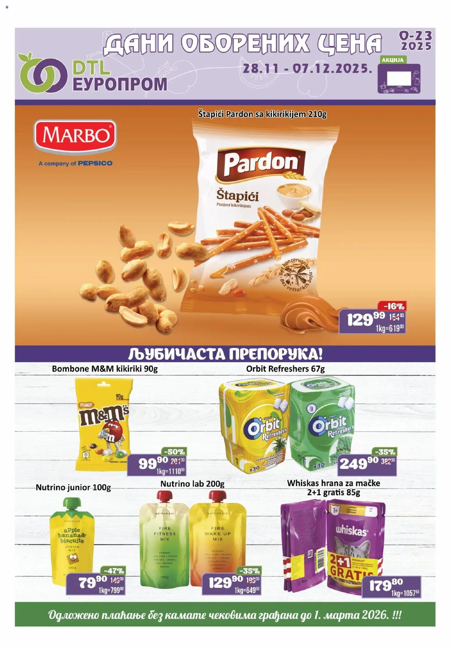 Europrom katalog - važi od 28.11.2025 | Strana: 1 | Proizvode: Orbit, Hrana za mačke, Kikiriki, Whiskas