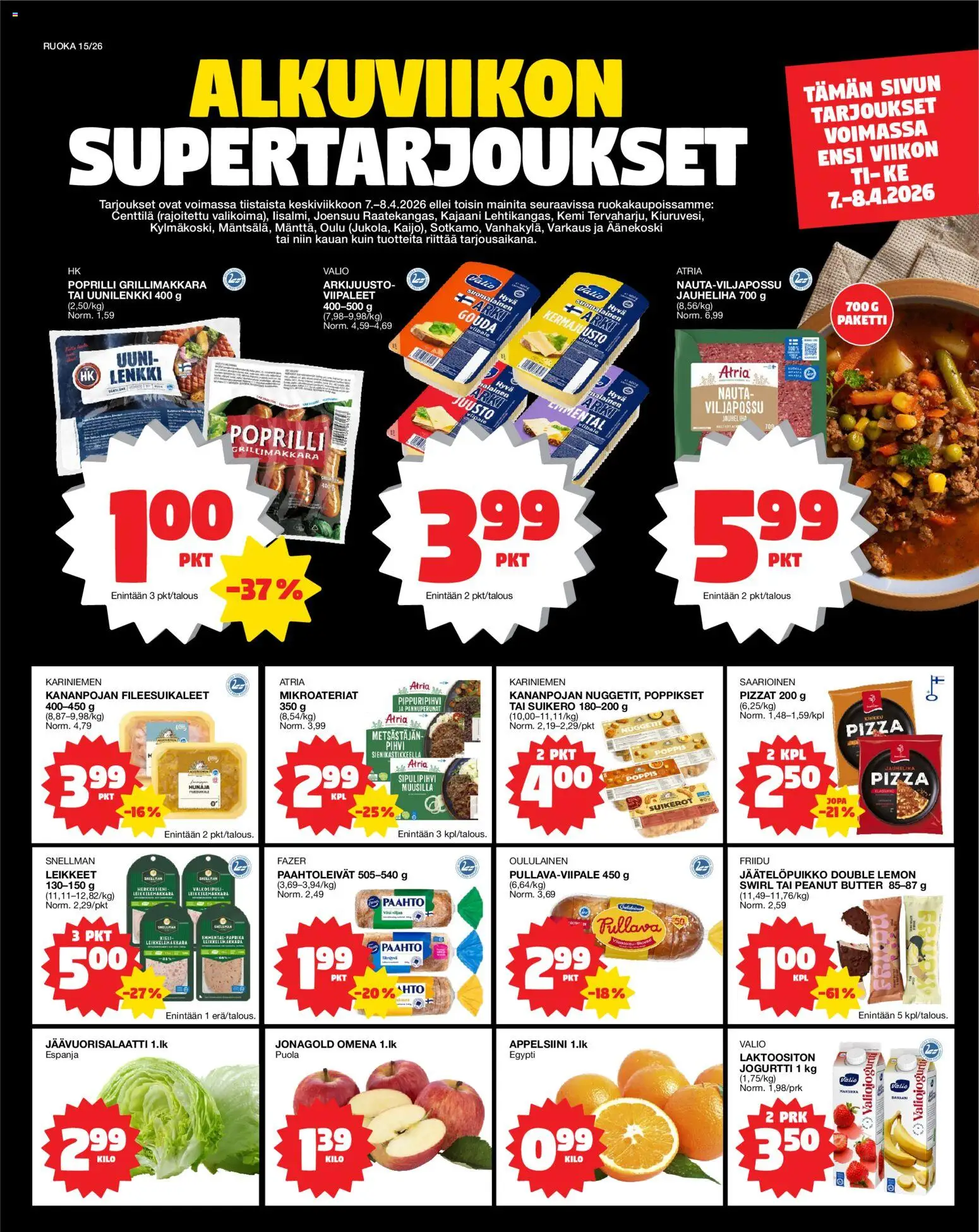 Tokmanni Ruokatarjoukset – voimassa 07.04.2026 alkaen | Sivu: 1 | Tuotteet: Jauheliha, Jogurtti, Pizza, Grillimakkara