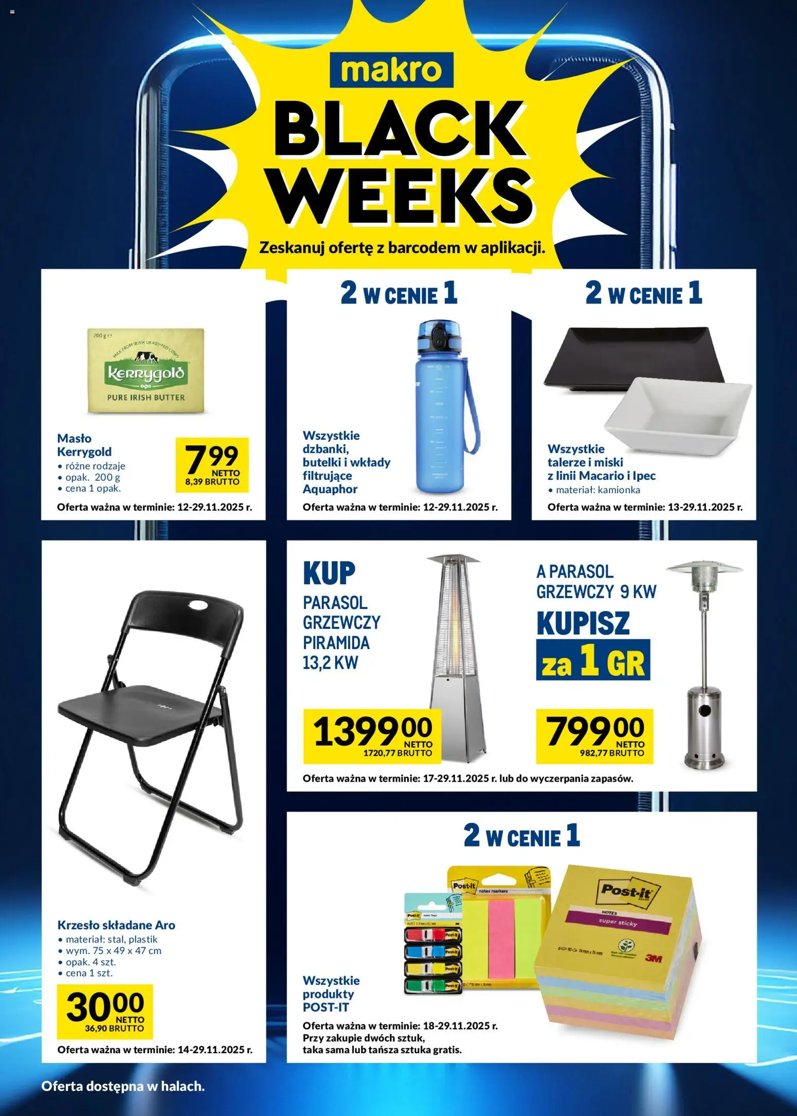 Makro Black Friday od 16.11.2025 | Strona: 1 | Produkty: Parasol, Talerze, Krzesło, Masło