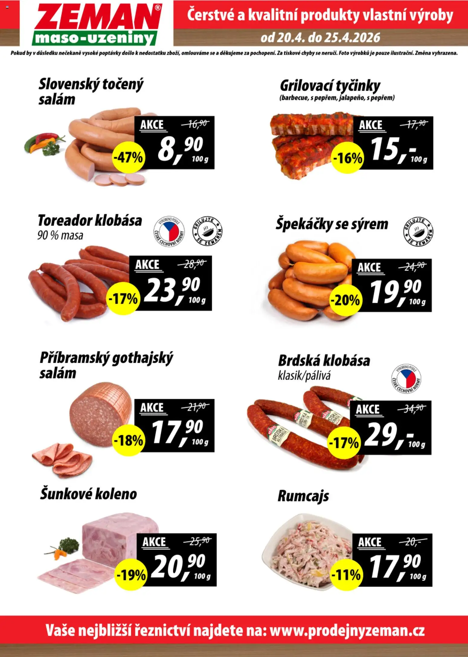 Prodejny Zeman leták od 20.04.2026 | Strana: 2 | Produkty: Salám, Špekáčky, Klobása, Bruska