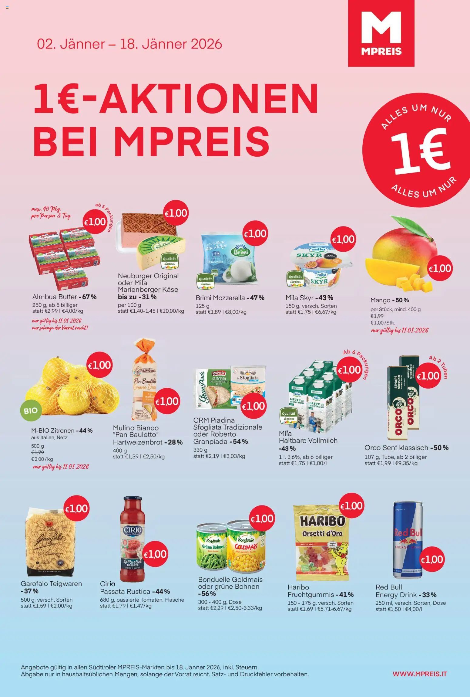 MPREIS 1€ Aktionen - Südtirol gültig ab 02.01.2026 | Seite: 1 | Produkte: Mango, Butter, Käse