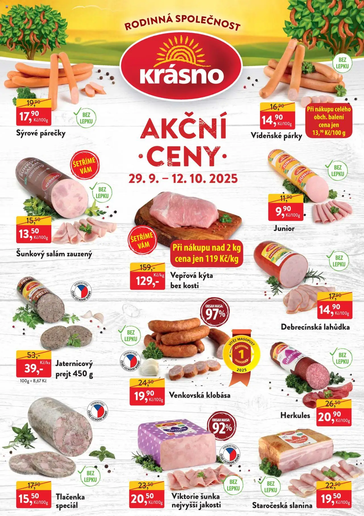 MP Krásno leták od 29.09.2025 | Strana: 1 | Produkty: Párky, Šunkový salám, Vepřová Kýta, Slanina