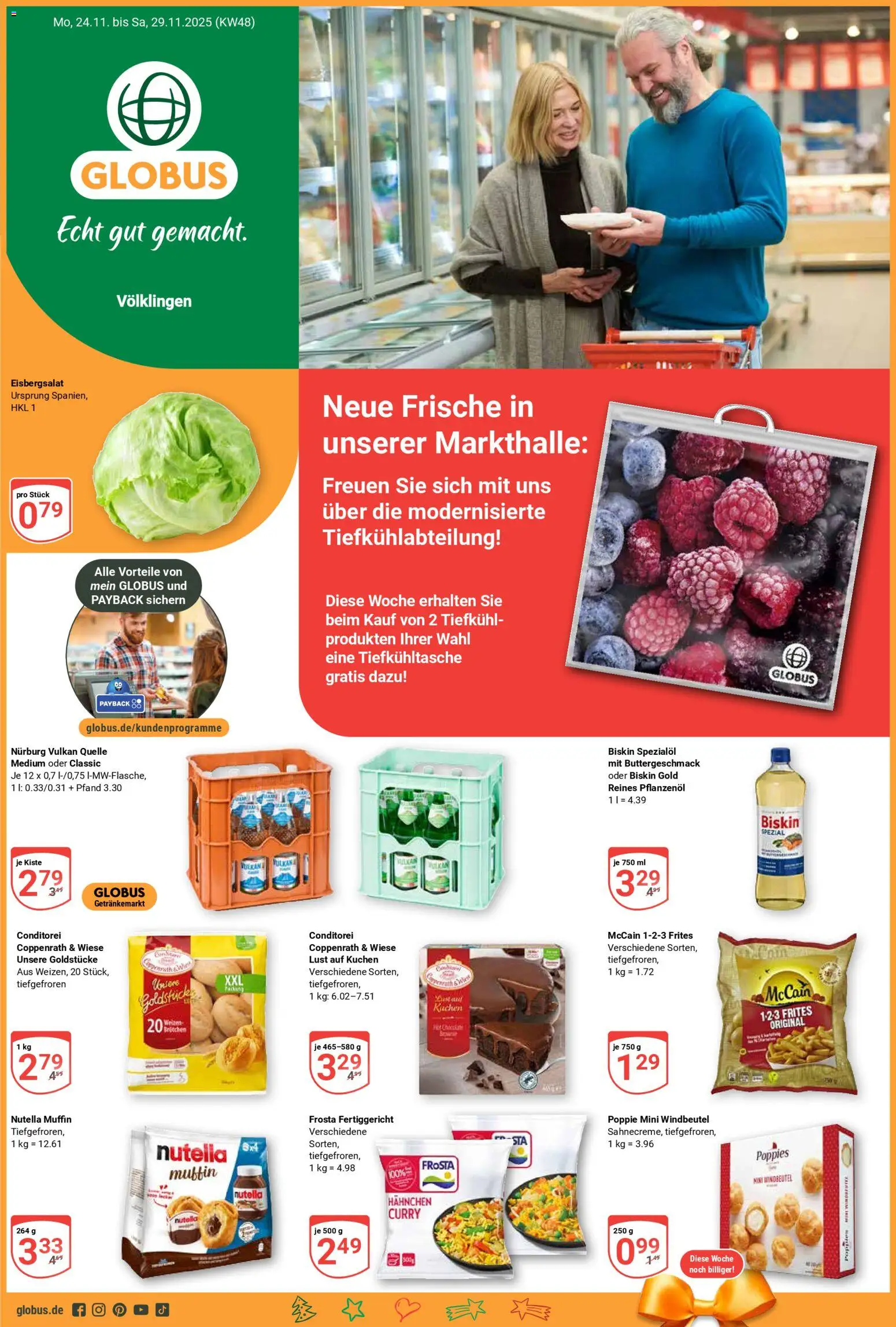 Globus prospekt Völklingen	 – gültig ab 24.11.2025 | Seite: 1 | Produkte: Hahnchen, Eisbergsalat, McCain 123 Frites, Frosta