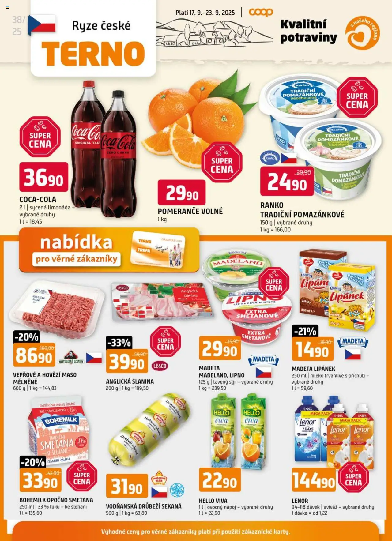 Terno leták - Český Krumlov, Jihlava, Prachatice, Strakonice, Tábor, Zlín od 17.09.2025 | Strana: 20 | Produkty: Smetana, Coca cola, Anglická slanina, Potraviny