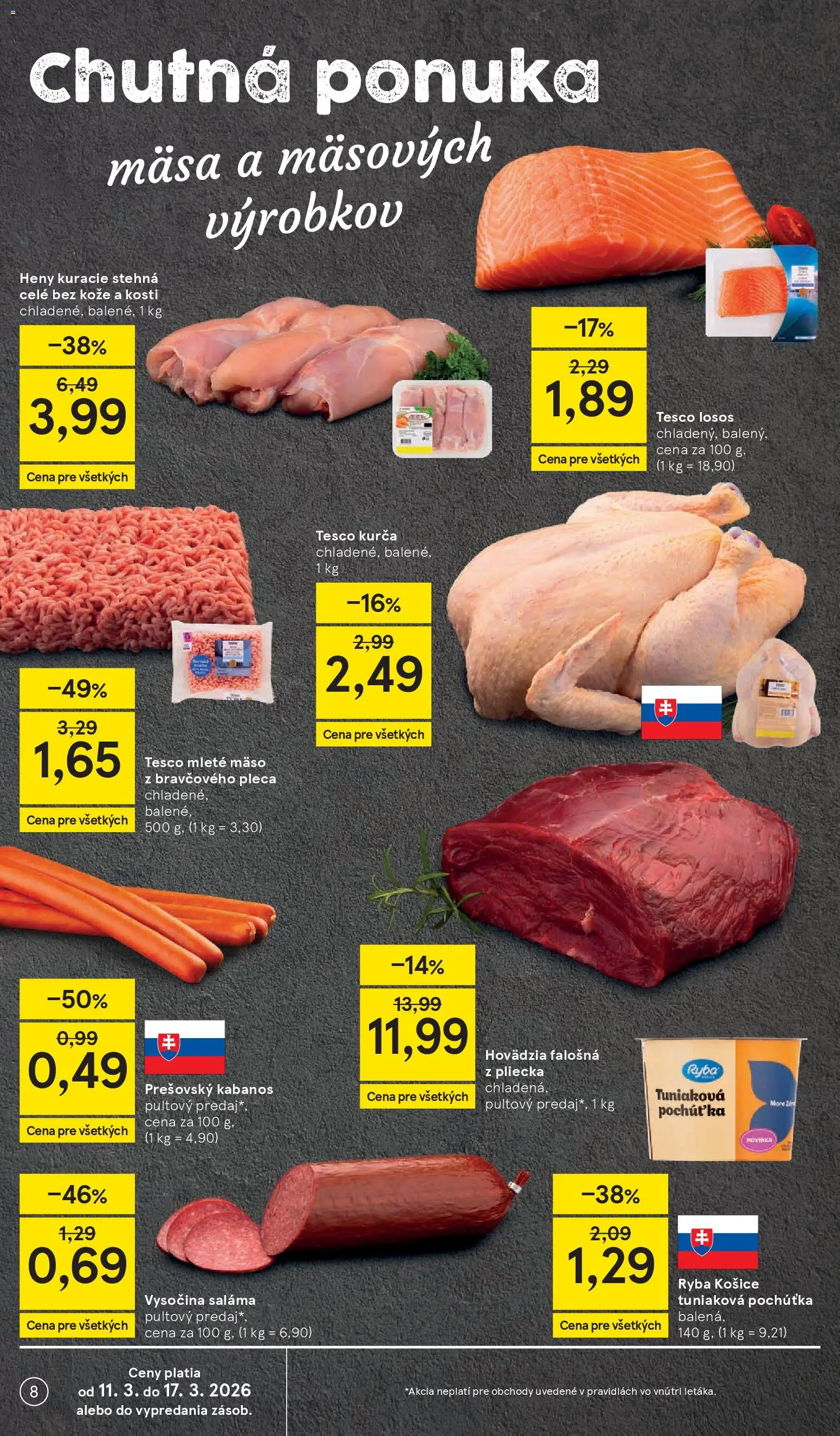 Nové Tesco akcie – leták je platný od 11.03.2026 | Strana: 8 | Produkty: Saláma, Ryba, Losos, Kurča