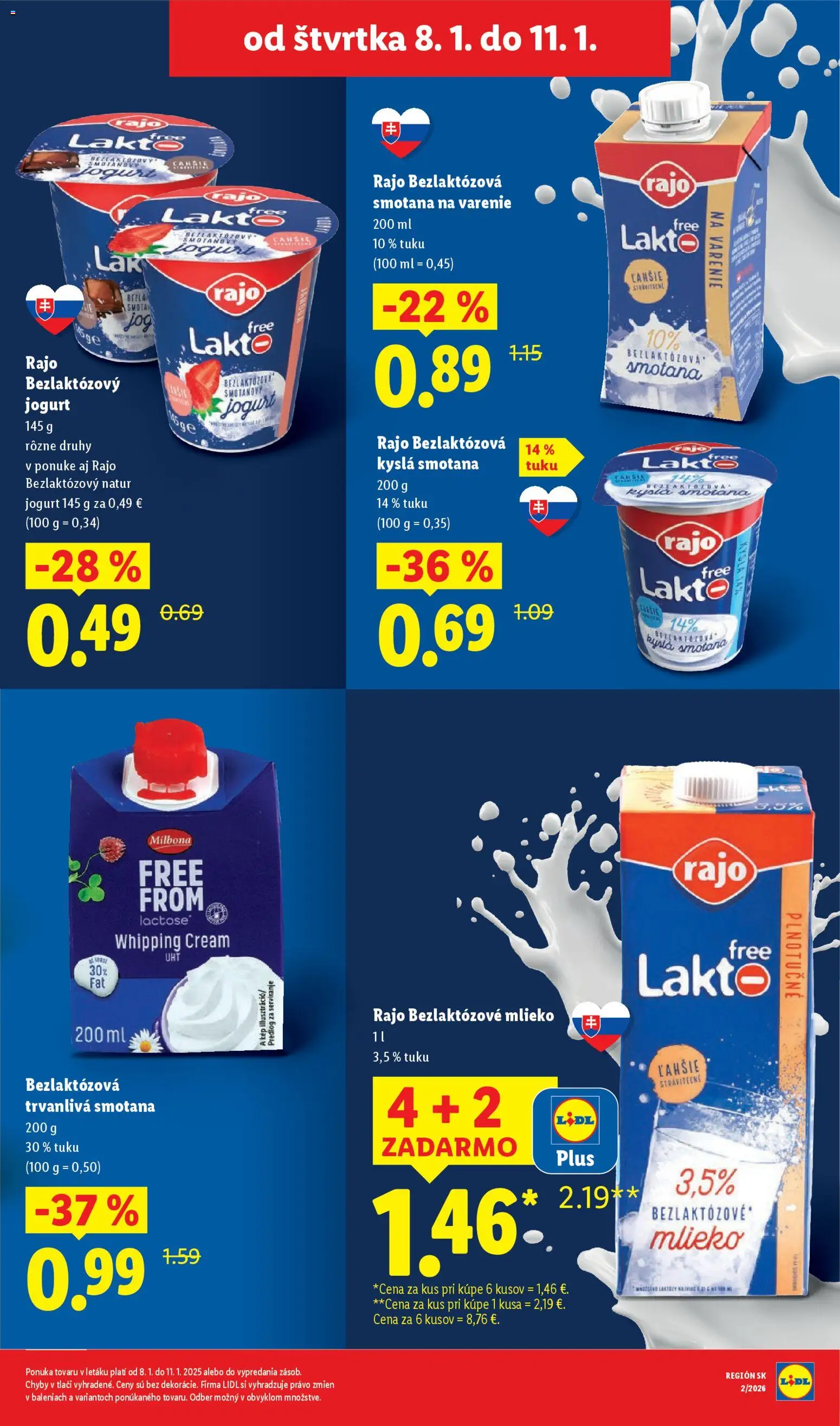 Nové Lidl akcie – leták je platný od 08.01.2026 | Strana: 8 | Produkty: Mlieko, Jogurt, Smotana, Bezlaktózové mlieko