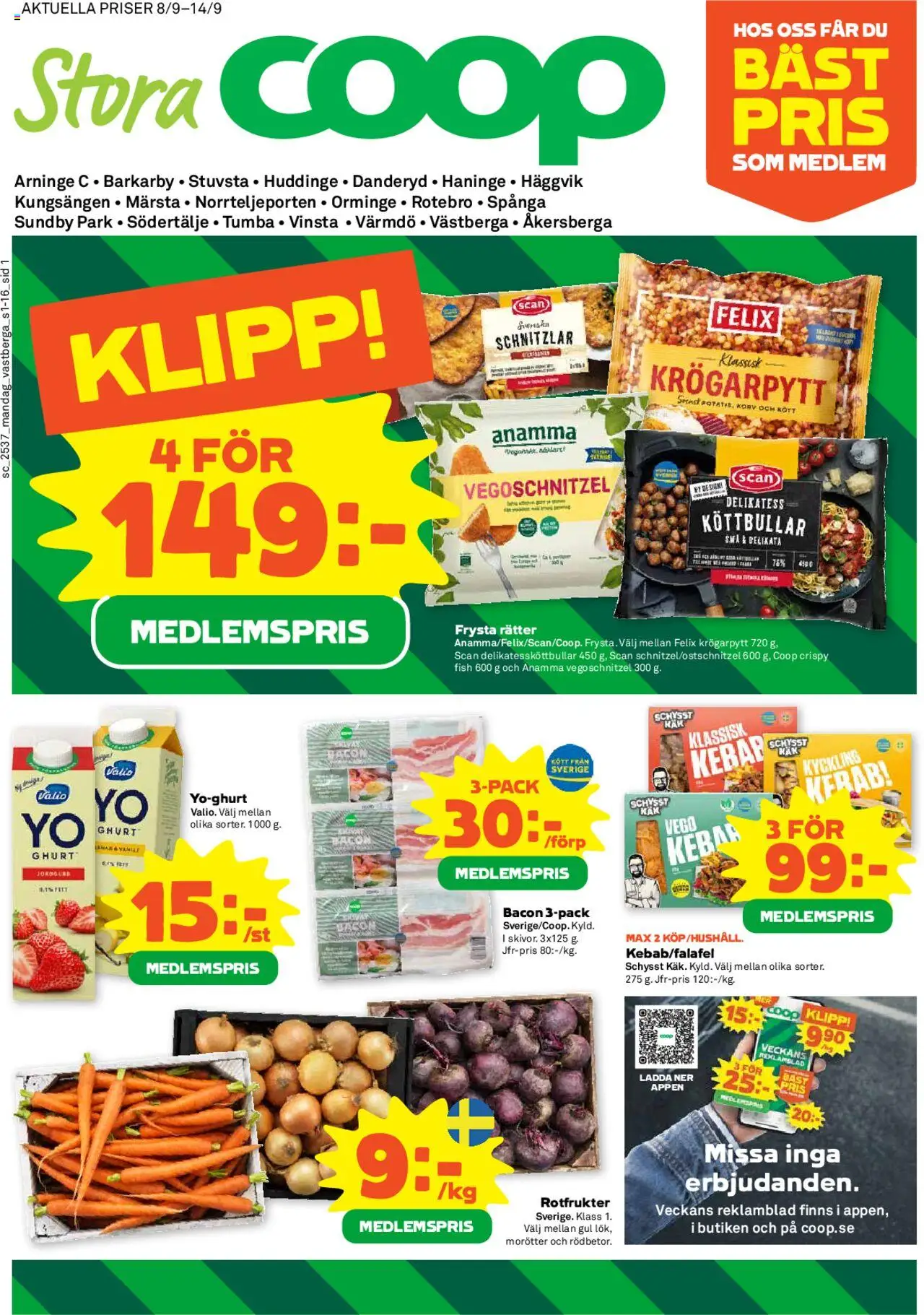 Coop Forum reklamblad aktuell från 08.09.2025 | Sida: 1 | Produkter: Köttbullar, Bacon, Yoghurt