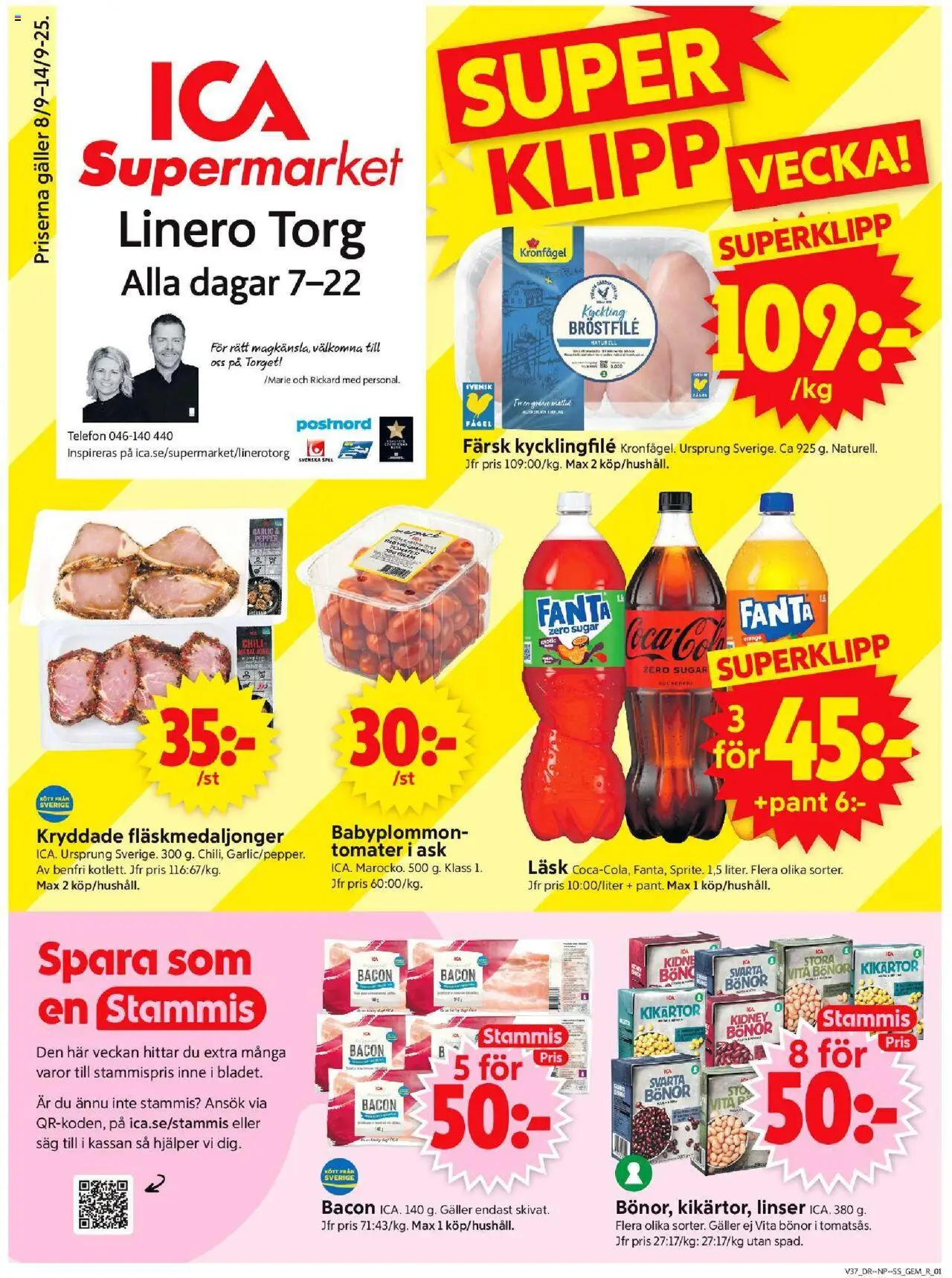 ICA Supermarket reklamblad aktuell från 08.09.2025 | Sida: 1 | Produkter: Kycklingfile, Galler, Telefon, Bönor