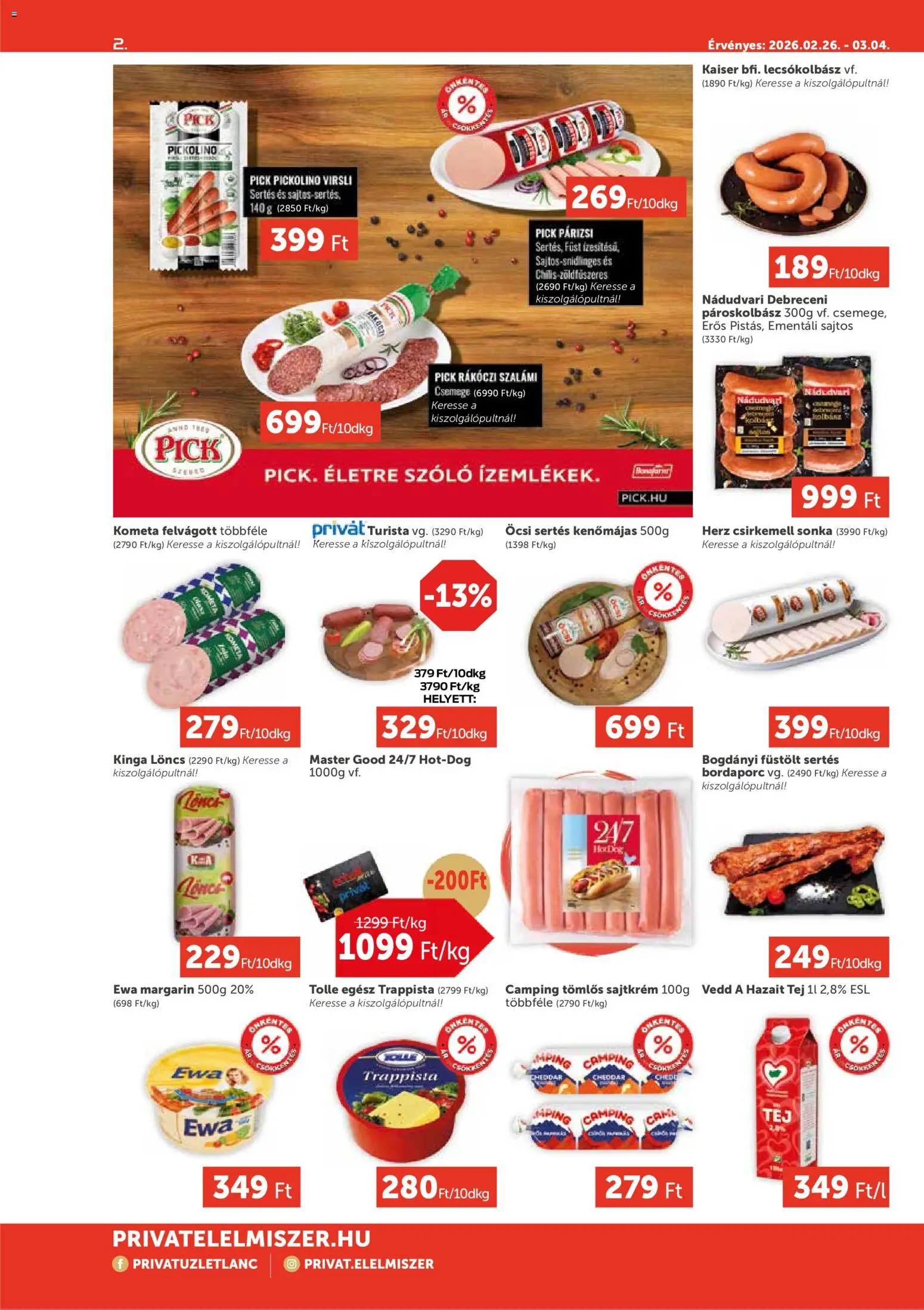 PRIVÁT akciós ujság - amely érvényes a következő dátumtól: 26.02.2026 | Oldal: 2 | Termékek: Rákóczi szalámi, Debreceni, Sonka, Felvágott