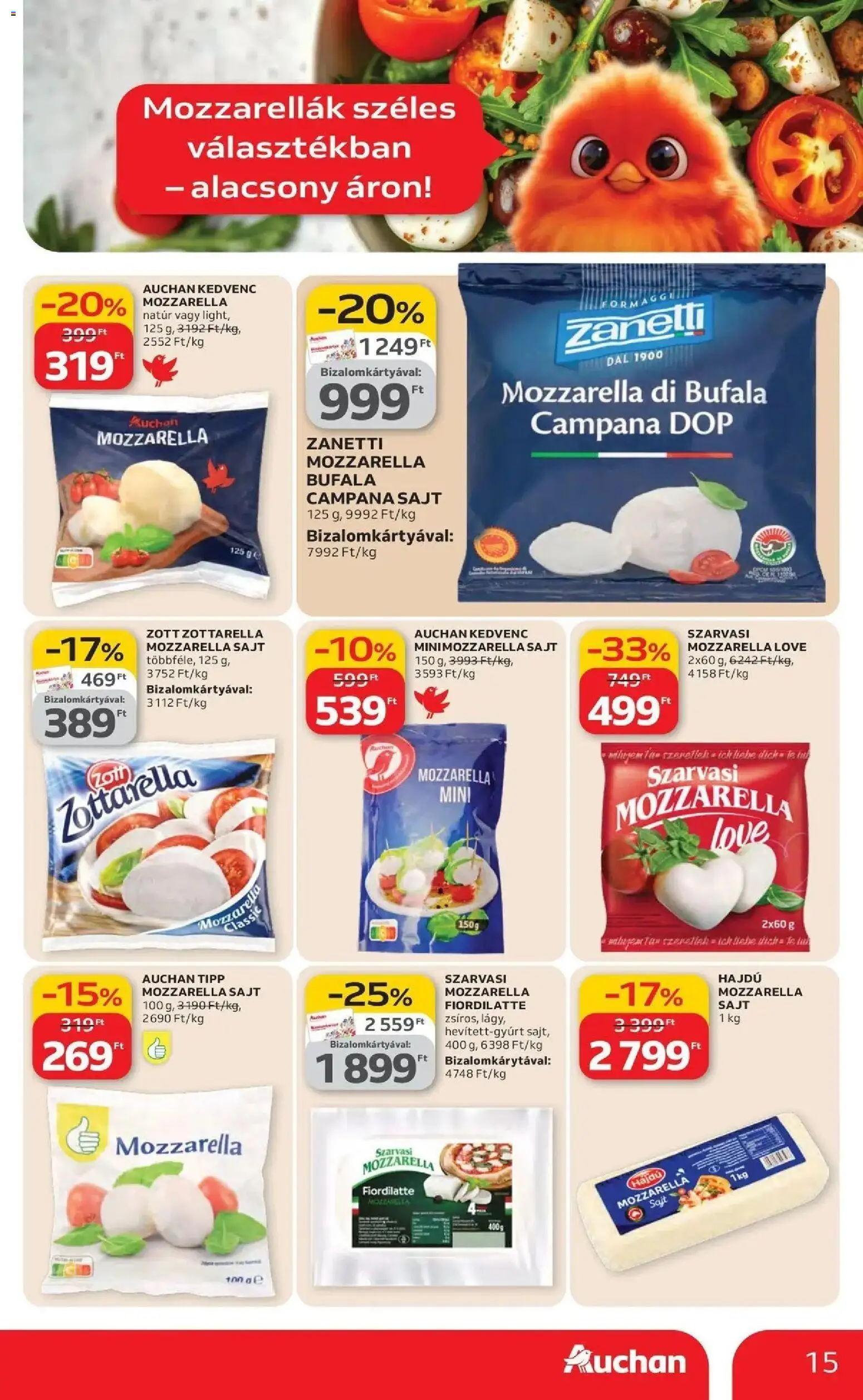 Auchan akciós ujság - amely érvényes a következő dátumtól: 19.03.2026 | Oldal: 15 | Termékek: Mozzarella, Sajt