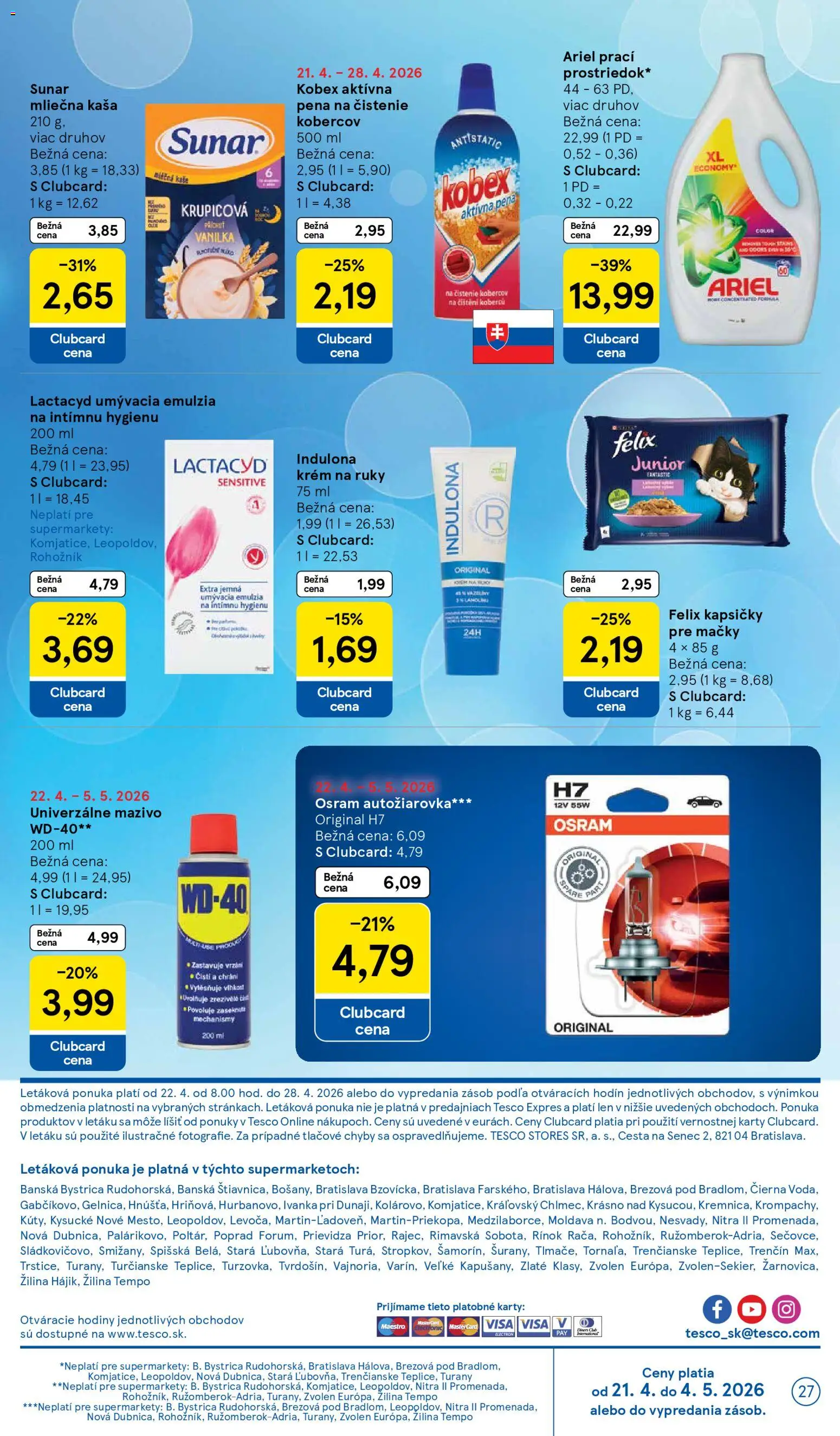 Nové Tesco akcie – leták je platný od 22.04.2026 | Strana: 27 | Produkty: Hodiny, Felix, Krém, Lactacyd
