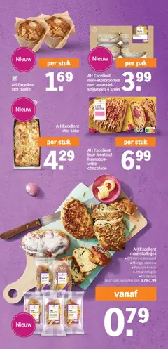 AH Excellent luxe feeststol framboos-witte chocolade, Luxury festive stollen with raspberry and white chocolate. - Voorbeeld van een folder van Albert Heijn, geldig van 30.03.2026 | Pagina: 19 | Producten: Chocolade, Muffin, Cake