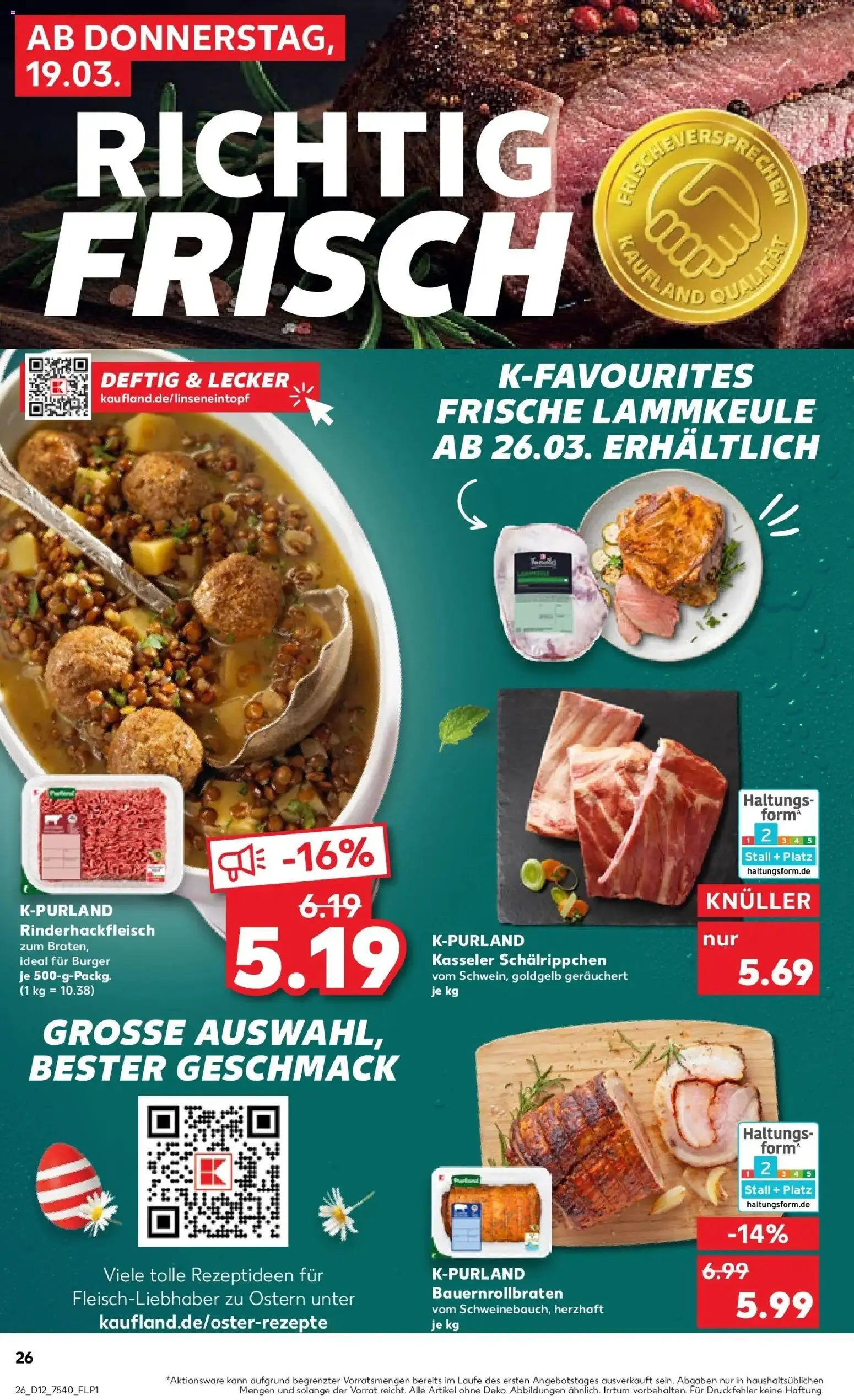 Kaufland Prospekt Aschersleben	 – gültig ab 19.03.2026 | Seite: 26 | Produkte: Lammkeule, Burger
