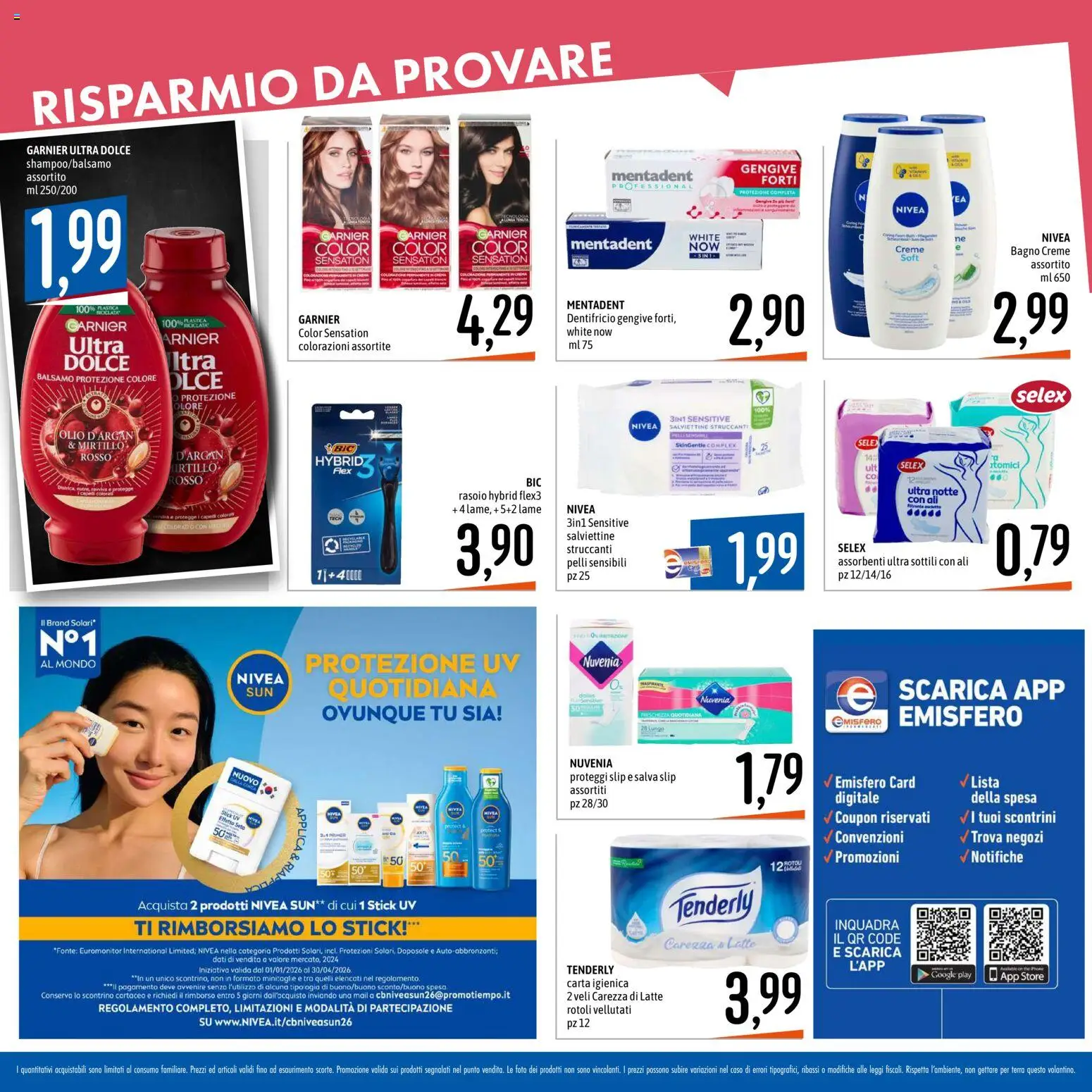 Volantino Emisfero del 09.04.2026 | Pagina: 20 | Prodotti: Balsamo, Rasoio, Carta igienica, Latte