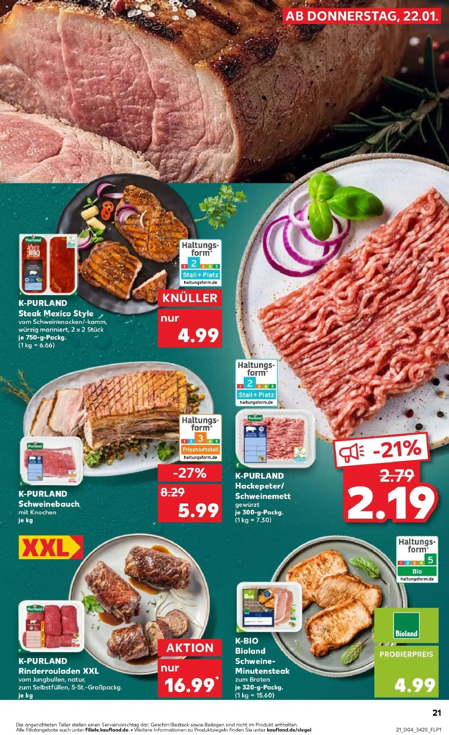 Kaufland prospekt Merseburg	 – gültig ab 22.01.2026 | Seite: 21 | Produkte: Rinderrouladen, Schweinebauch, Steak