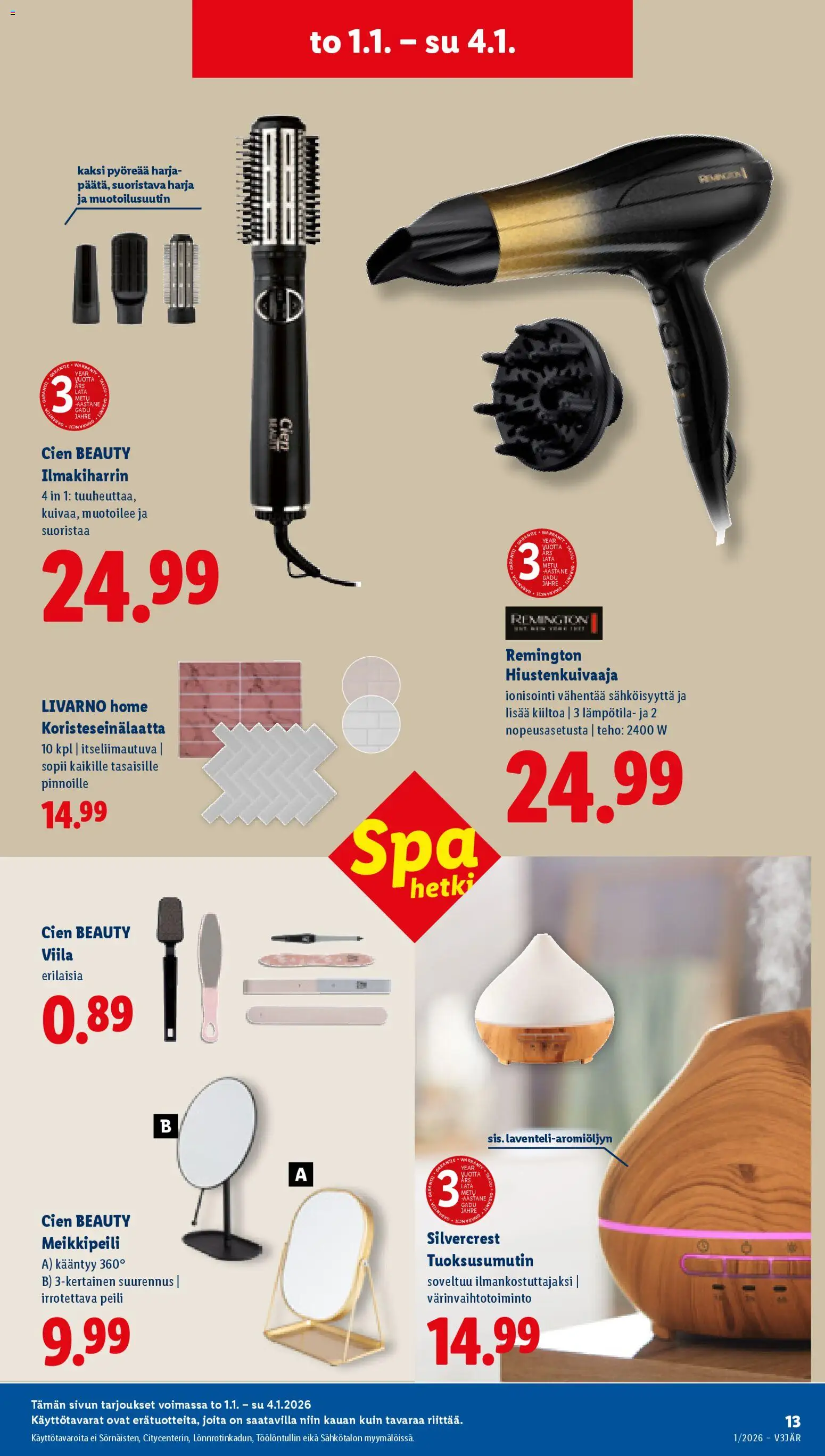 Lidl tarjoukset - Helsinki – voimassa 01.01.2026 alkaen | Sivu: 15 | Tuotteet: Hiustenkuivaaja, Meikkipeili, Harja, Peili