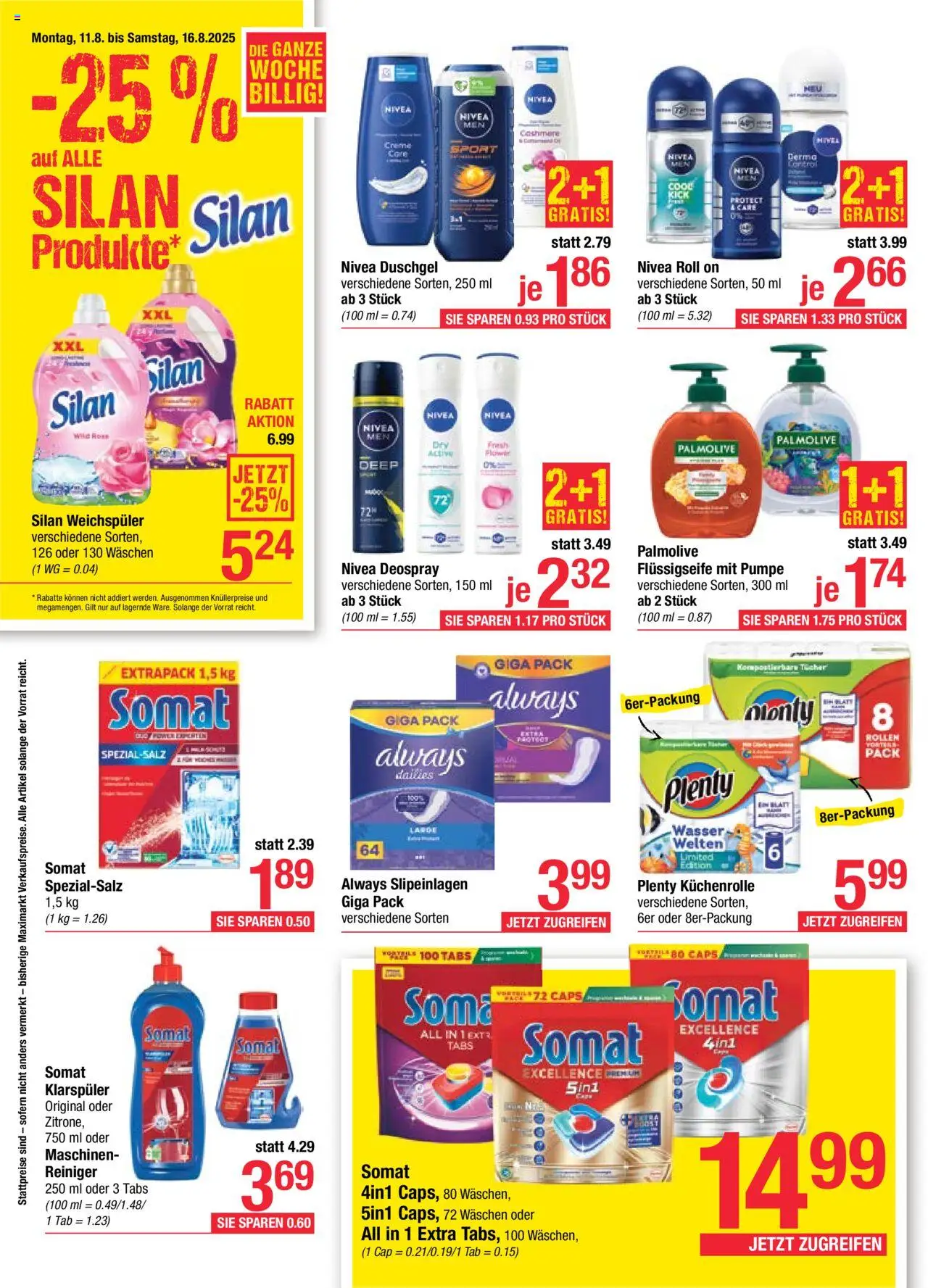 Maximarkt Flugblatt gültig ab 11.08.2025 | Seite: 14 | Produkte: Klarspüler, Creme, Duschgel, Weichspüler