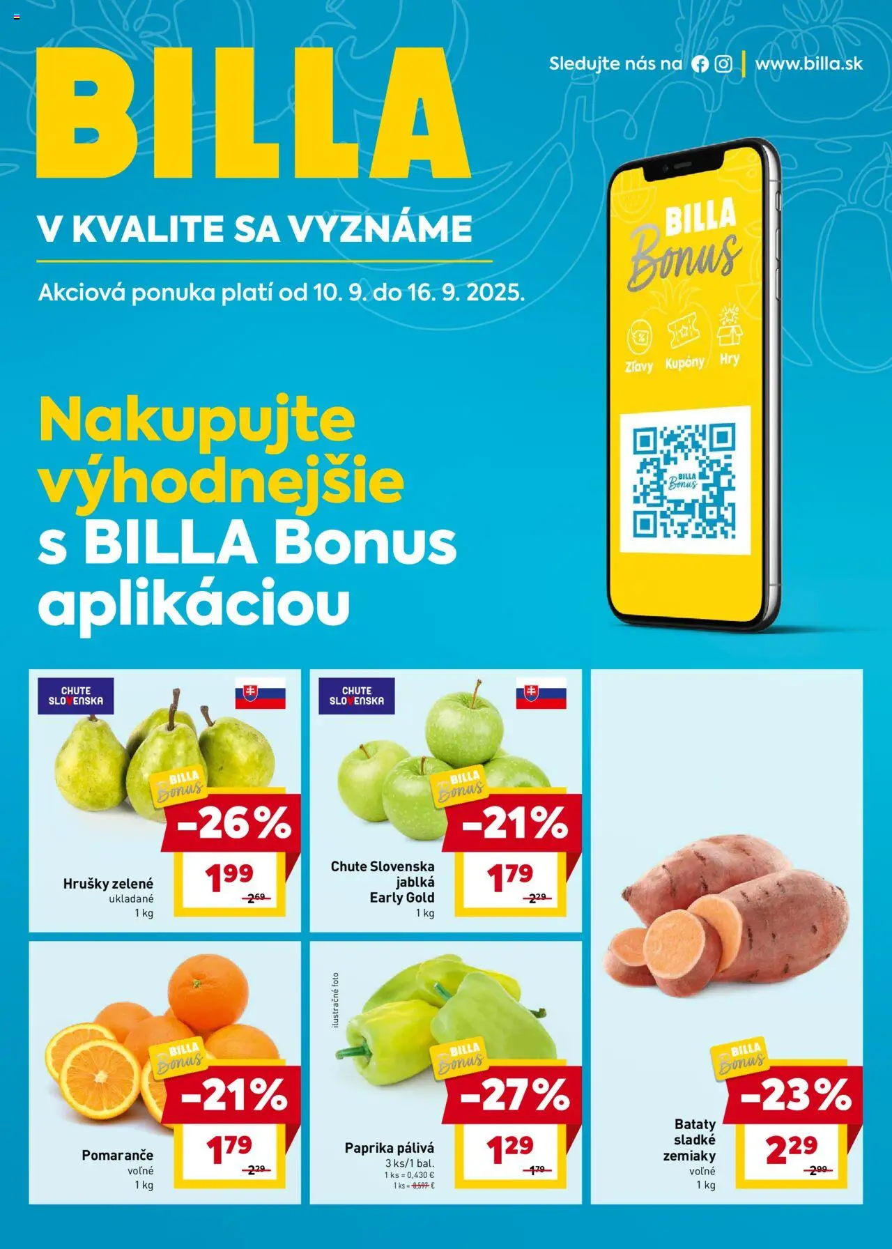 Nové Billa akcie – leták je platný od 10.09.2025 | Strana: 1 | Produkty: Jablká, Zemiaky, Batáty, Hrušky