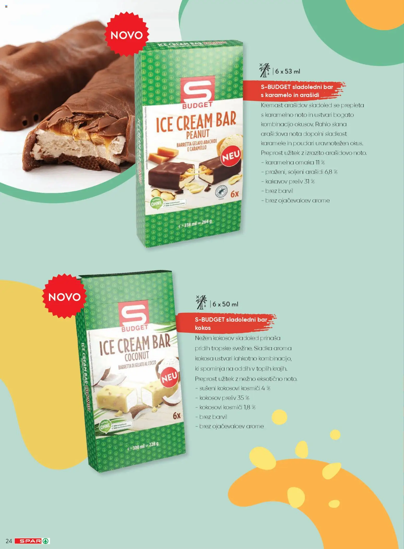 Novi Spar katalog ponudbe – veljaven od 20.04.2026 | Stran: 24 | Izdelki: Arašidi, Karamele, Sladoled, Omaka