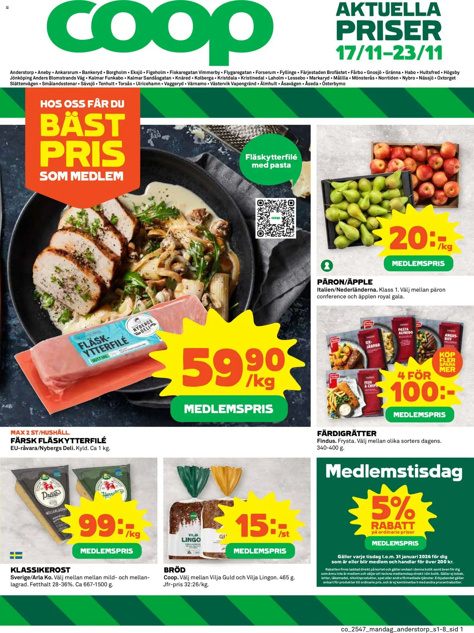 Coop reklamblad aktuell från 17.11.2025 | Sida: 1 | Produkter: Galler, Fläskytterfilé, Chips, Pasta