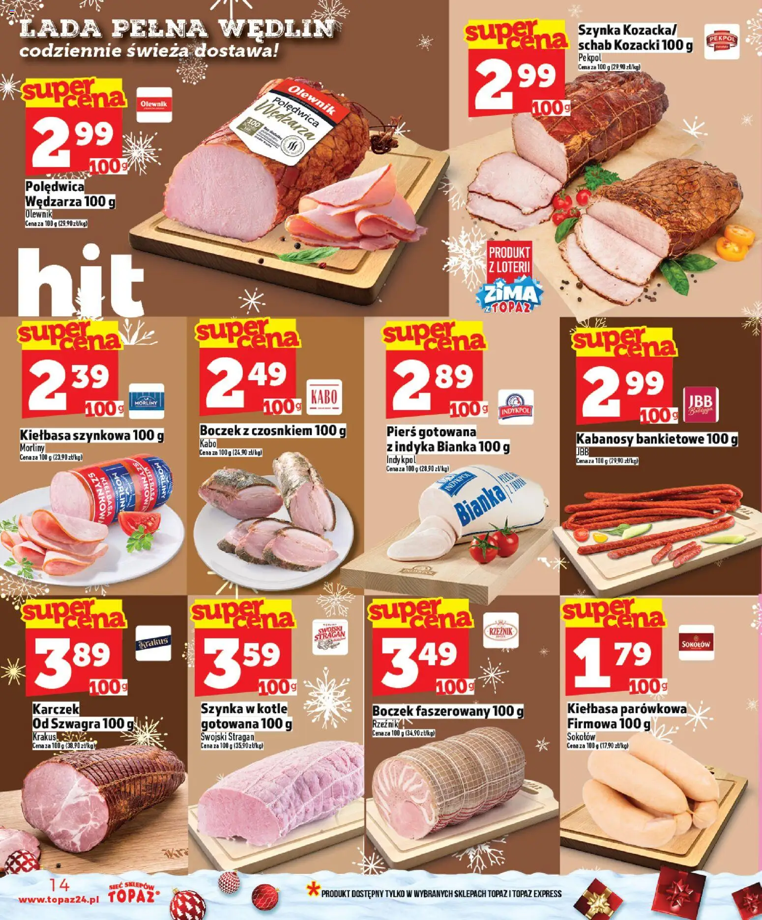 Topaz Gazetka MAZ od 11.12.2025 | Strona: 14 | Produkty: Schab, Kabanosy, Szynka, Boczek