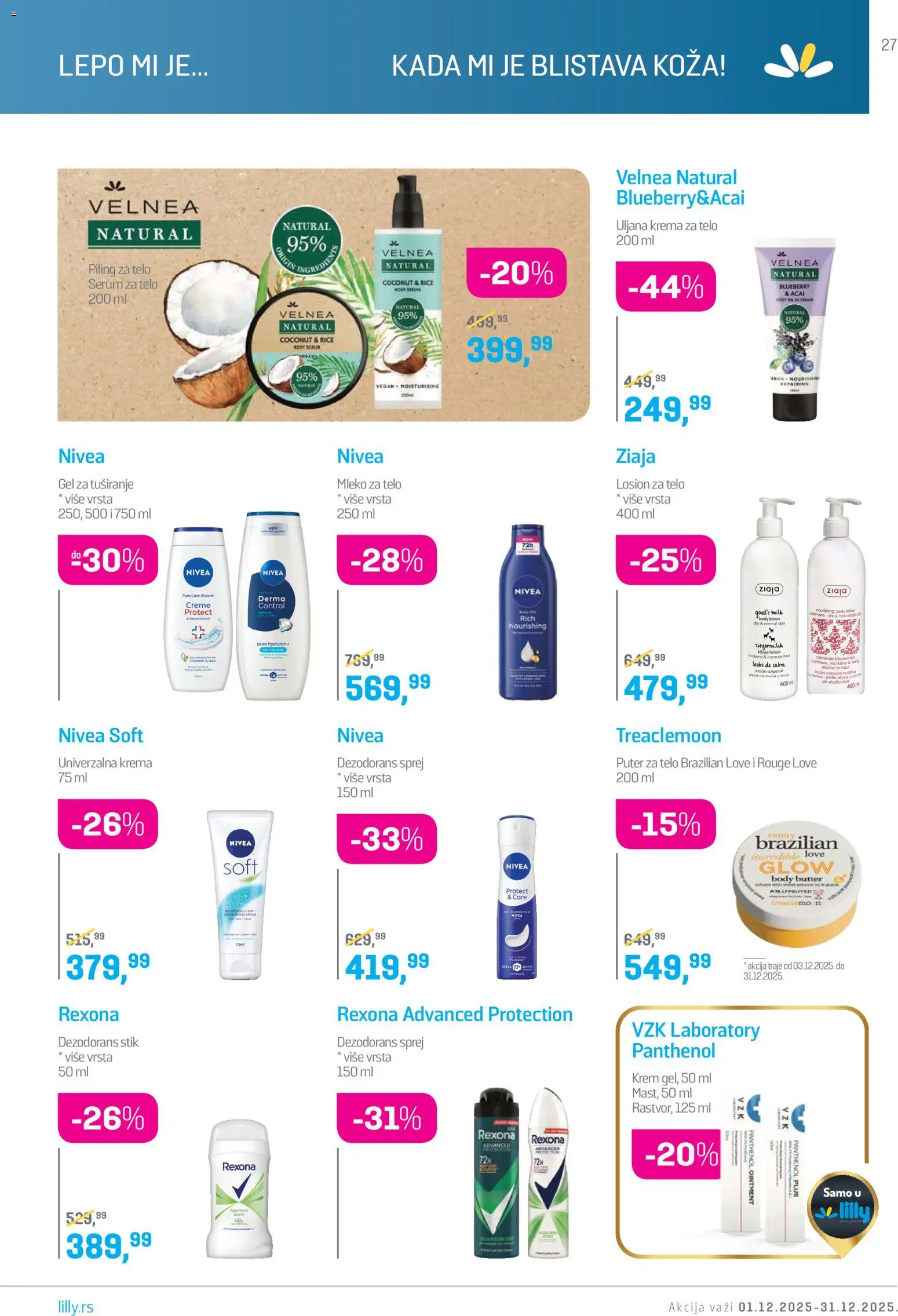 Lilly drogerie katalog - važi od 01.12.2025 | Strana: 27 | Proizvode: Nivea, Piling, Mleko za telo, Gel za tuširanje