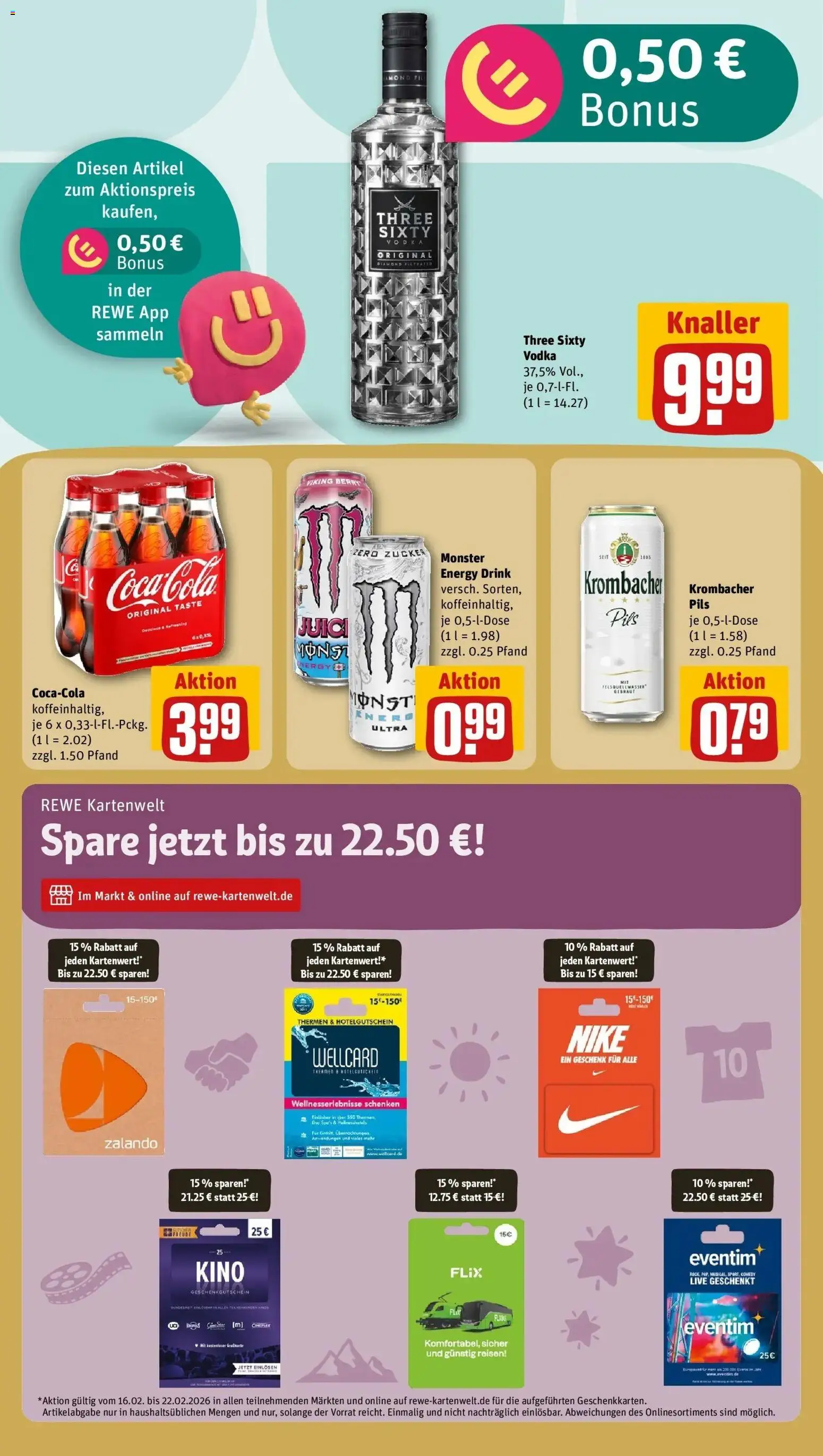 Rewe prospekt Hannover/Südstadt	 – gültig ab 16.02.2026 | Seite: 13 | Produkte: Cola, Monster, Krombacher, Vodka