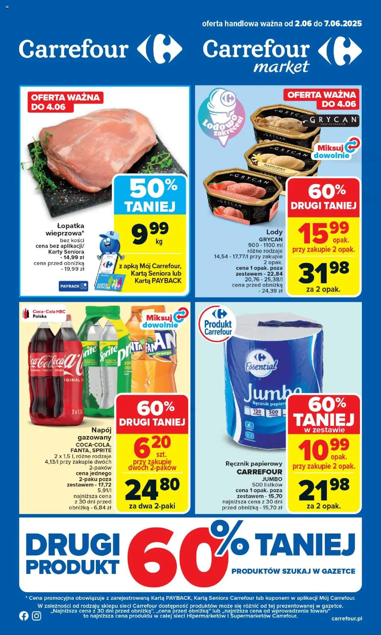Carrefour Gazetka od 02.06.2025 | Strona: 1 | Produkty: Karta, Lody Grycan, Sprite, Ręcznik papierowy