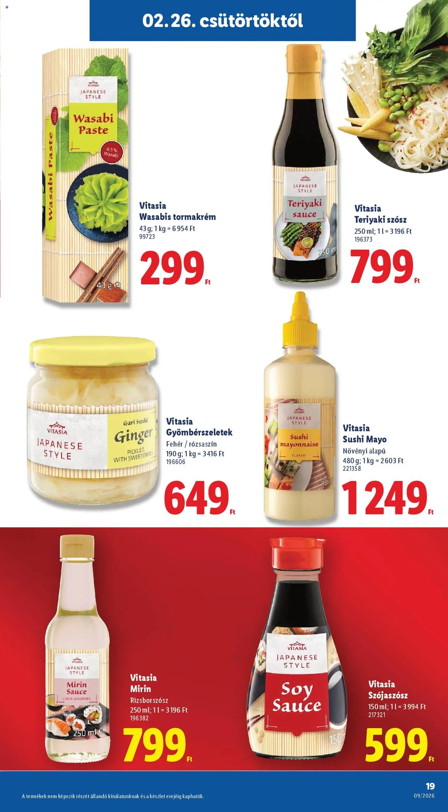 Lidl akciós ujság - amely érvényes a következő dátumtól: 26.02.2026 | Oldal: 19 | Termékek: Teriyaki szósz, Sushi, Wasabi, Tormakrém