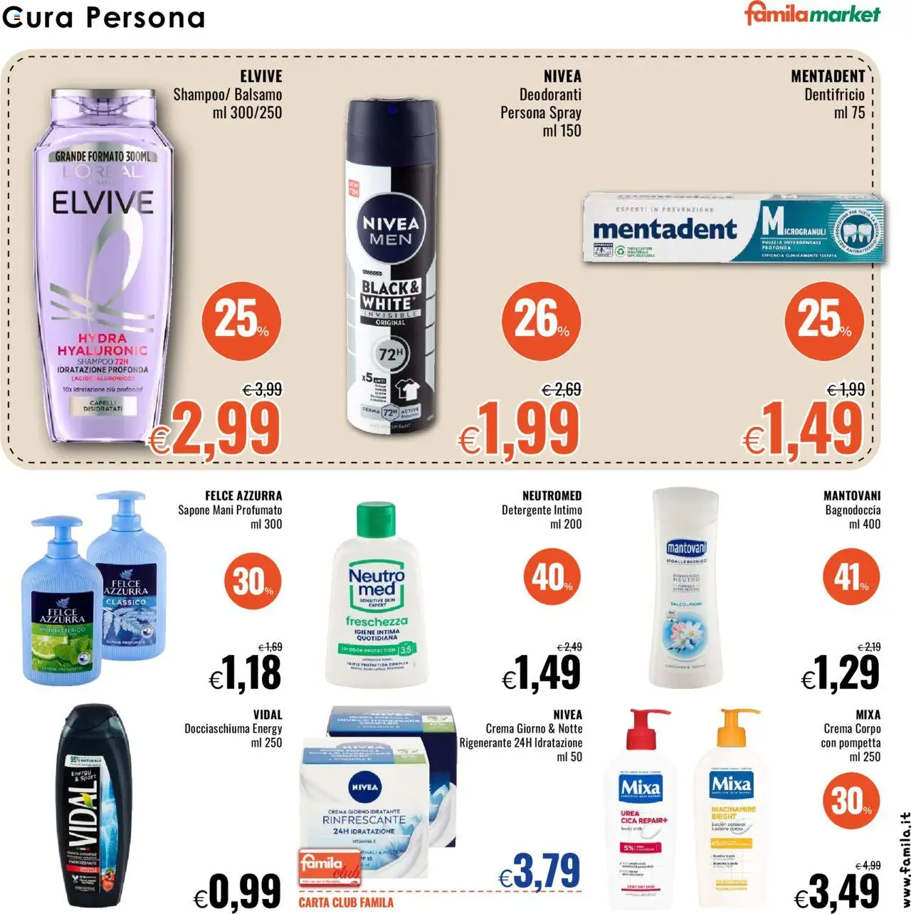Volantino Famila del 31.07.2025 | Pagina: 17 | Prodotti: Balsamo, Dentifricio, Detergente, Body