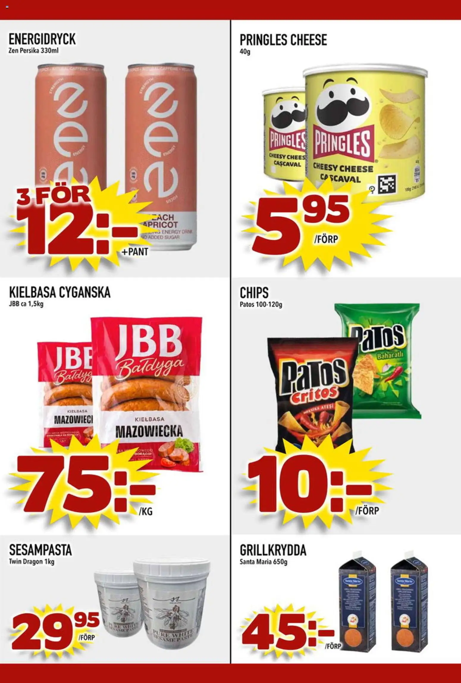 Din Mat reklamblad aktuell från 23.03.2026 | Sida: 3 | Produkter: Pringles, Chips, Energidryck, Persika