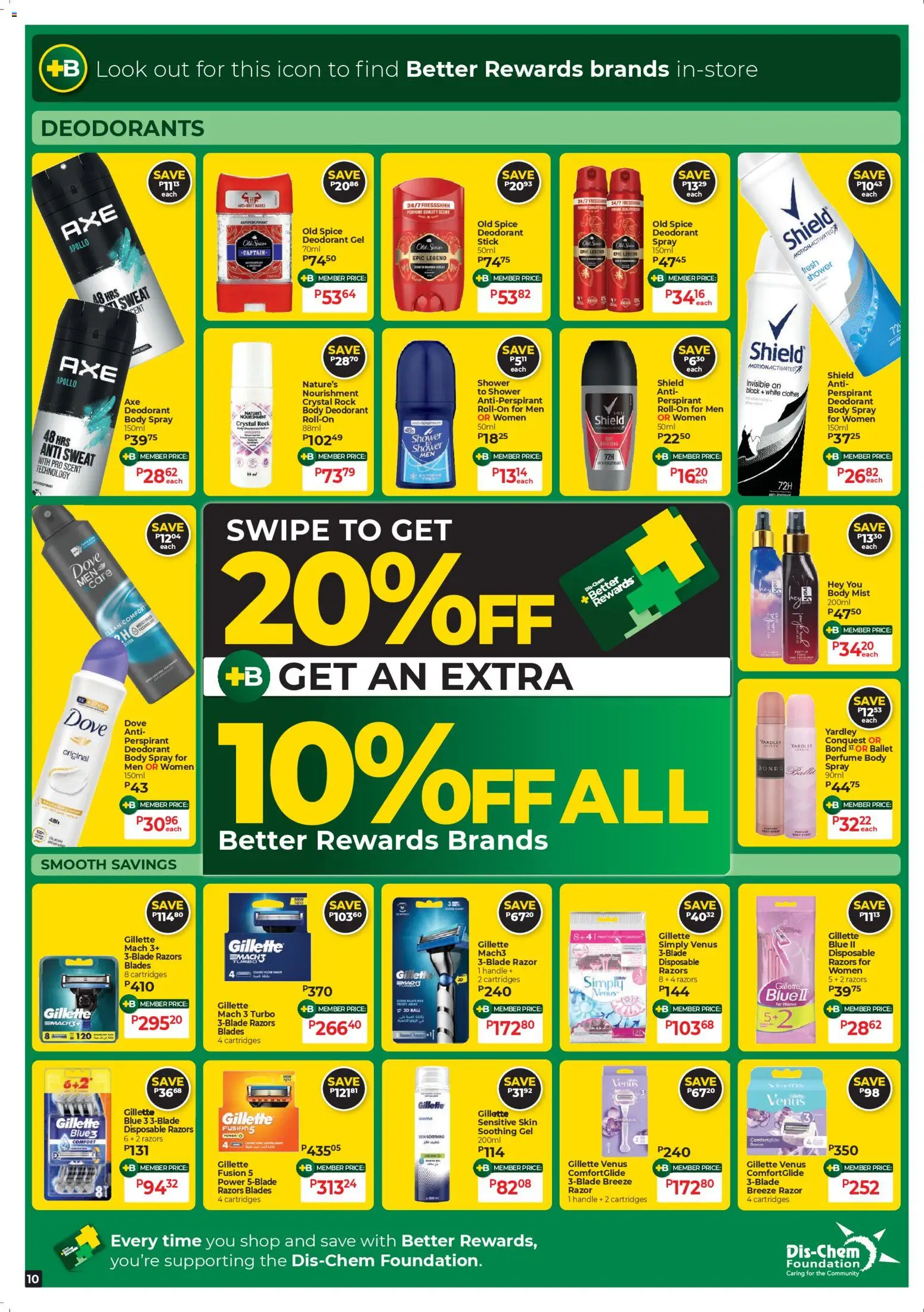New Dis-Chem catalogue – valid from 21.10.2025 | Page: 10 | Products: Shower, Foundation, Antiperspirant, Razors