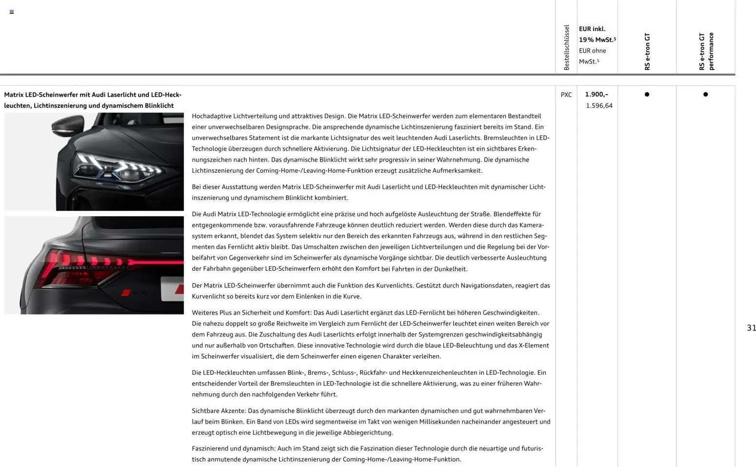 Audi  RS e-tron GT / RS e-tron GT performance – gültig ab 28.10.2025 | Seite: 31 | Produkte: Kamera, Tisch