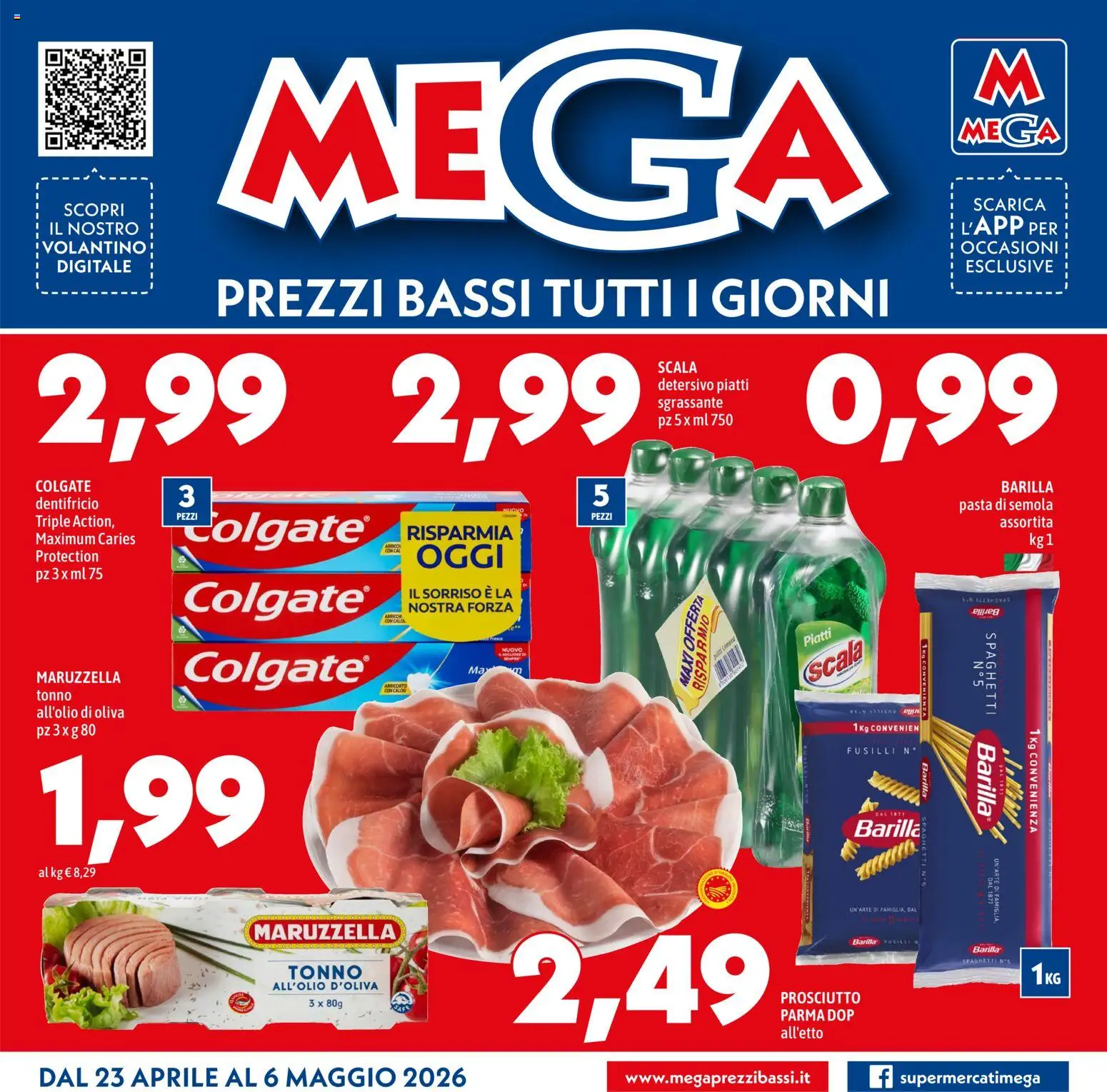 Volantino Mega del 23.04.2026 | Pagina: 1 | Prodotti: Prosciutto, Pasta, Tonno, Fusilli