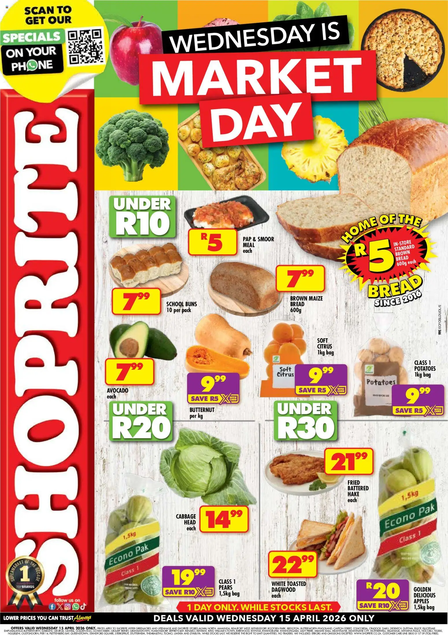 New Shoprite catalogue – valid from 15.04.2026 | Page: 1 | Products: Phone, Bag, Buns, Fish