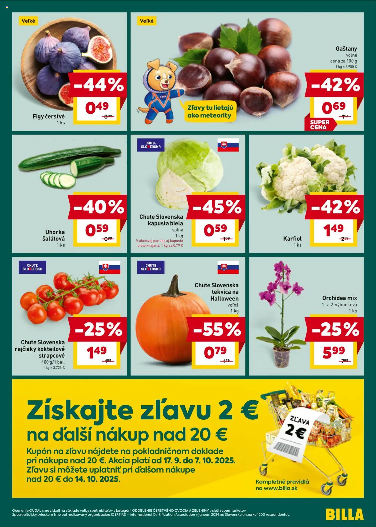 Nové Billa akcie – leták je platný od 01.10.2025 | Strana: 3 | Produkty: Gaštany, Kapusta biela, Karfiol, Orchidea