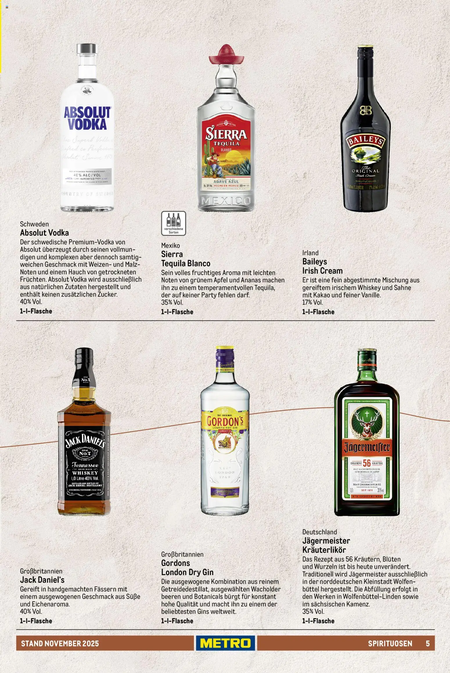 Metro - Spirituosen Sortiment – gültig ab 01.12.2025 | Seite: 5 | Produkte: Äpfel, Jack Daniel's, Vodka, Sahne