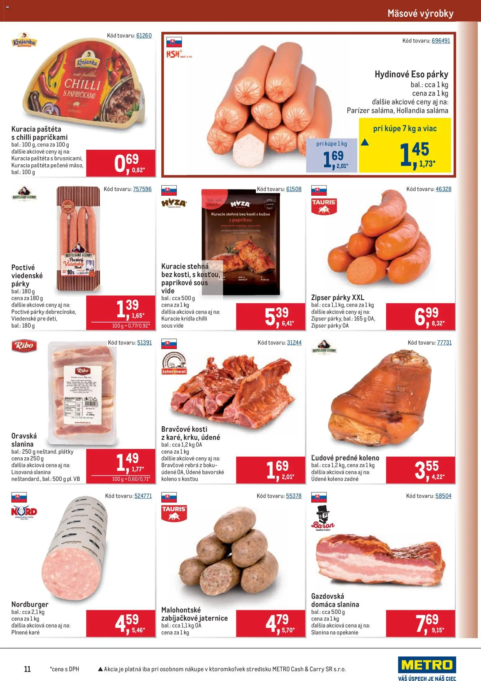 Nové Metro akcie – leták je platný od 14.01.2026 | Strana: 11 | Produkty: Saláma, Slanina, Kuracie stehná, Párky