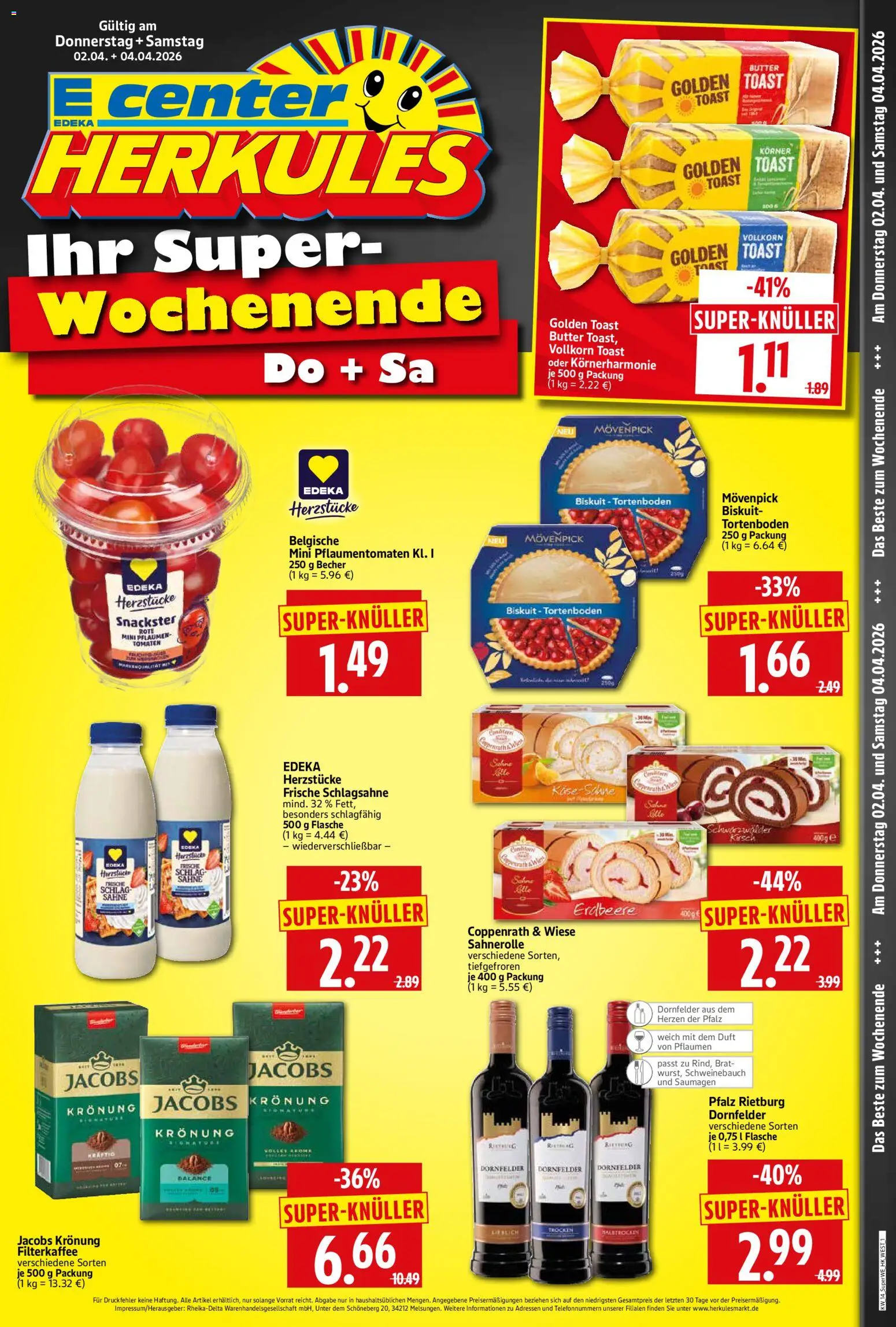 HERKULES - Sonderbeilage – gültig ab 02.04.2026 | Seite: 1 | Produkte: Schlagsahne, Schweinebauch, Duft, Sahne