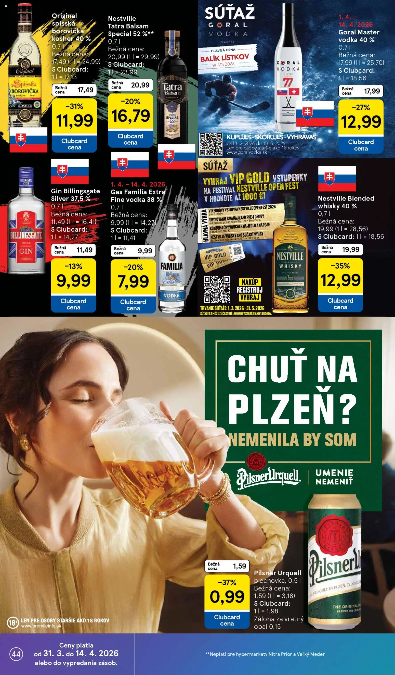 Nové Tesco akcie – leták je platný od 31.03.2026 | Strana: 44 | Produkty: Pilsner Urquell, Borovička, Gin, Whisky