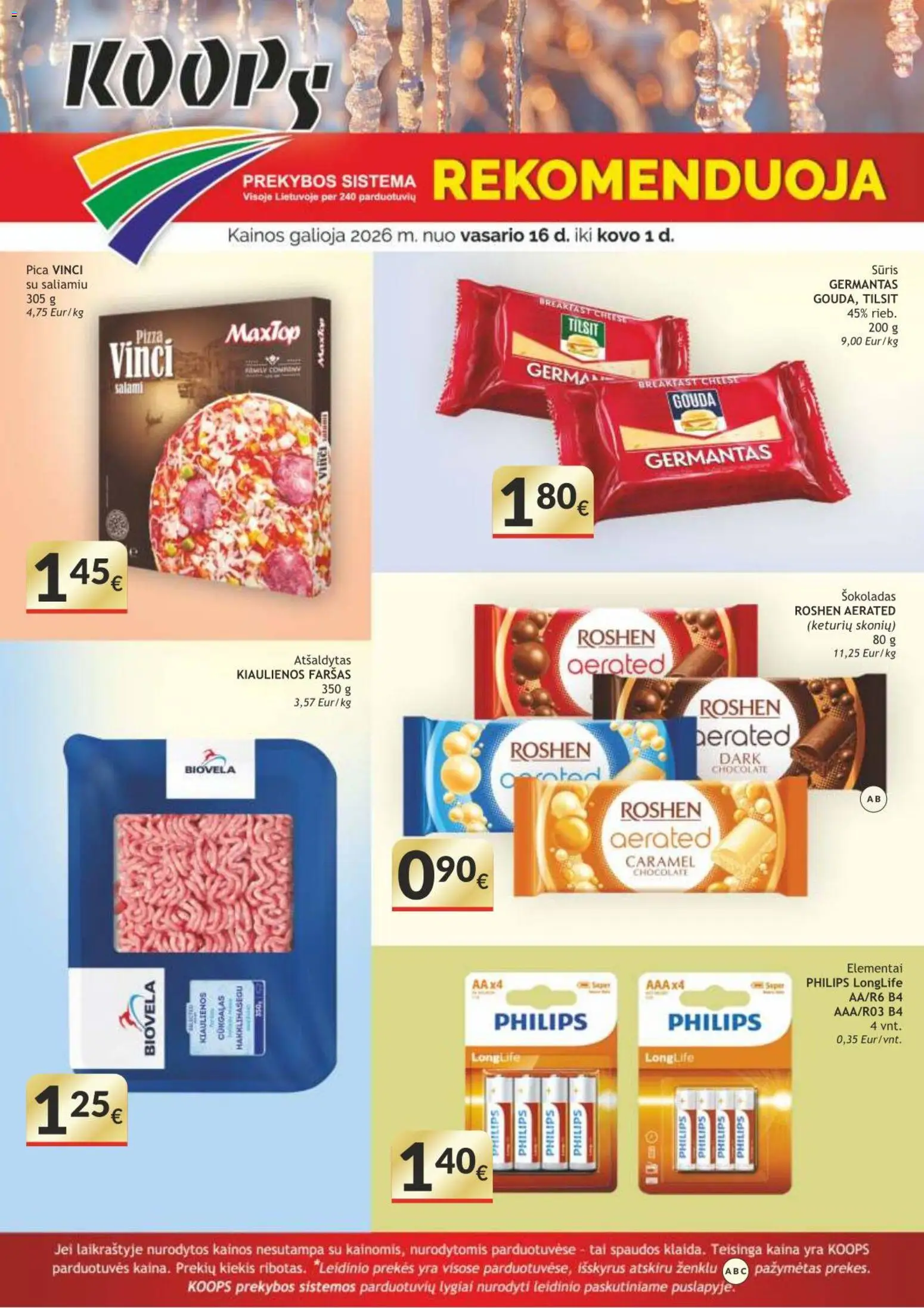 Koops akcijos nuo 16.02.2026 | Puslapis: 1 | Prekių: Kiaulienos, Sūris, Šokoladas, Pica