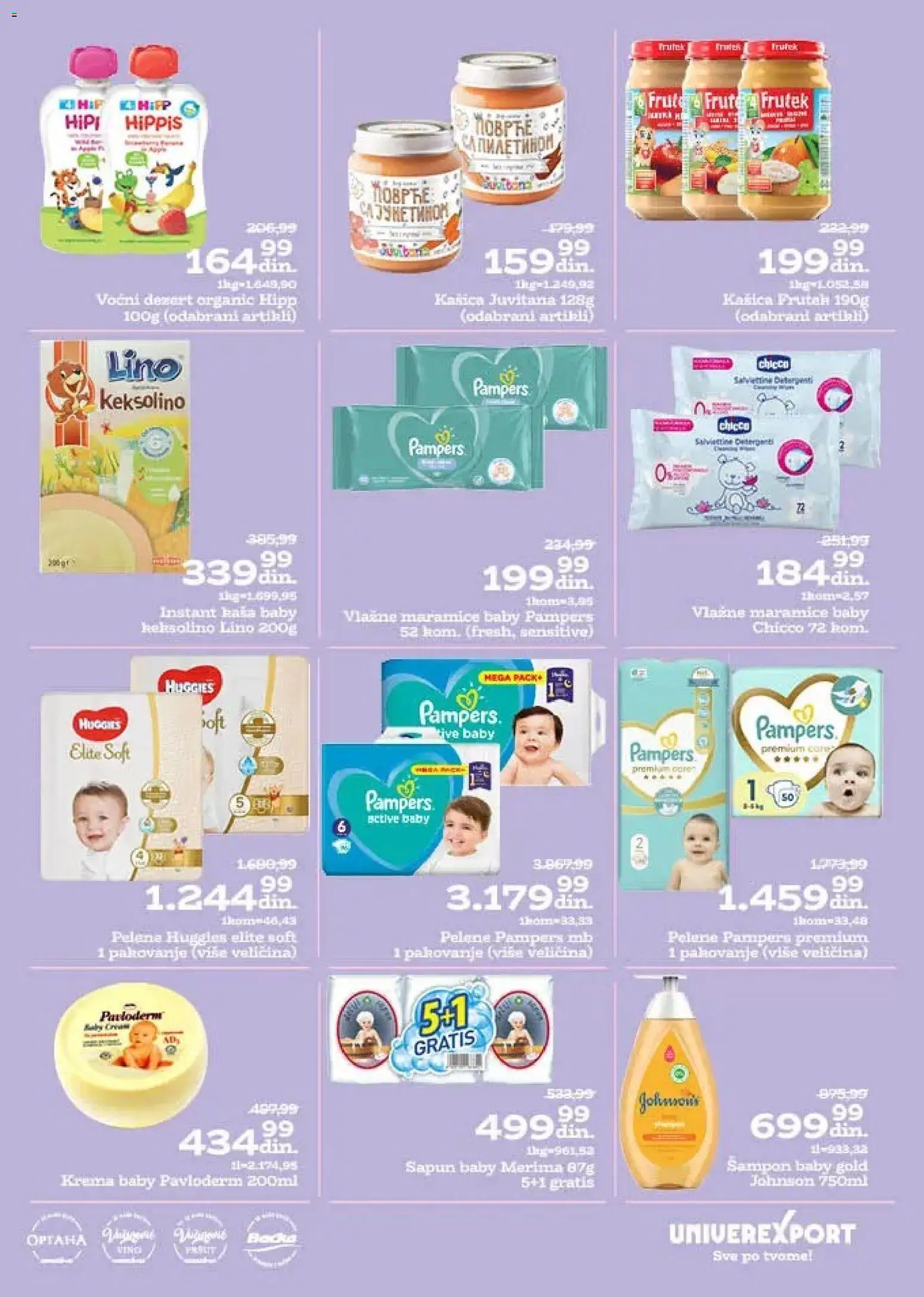 Univerexport katalog - važi od 10.11.2025 | Strana: 18 | Proizvode: Krema, Pakovanje, Vlažne maramice, Pelene