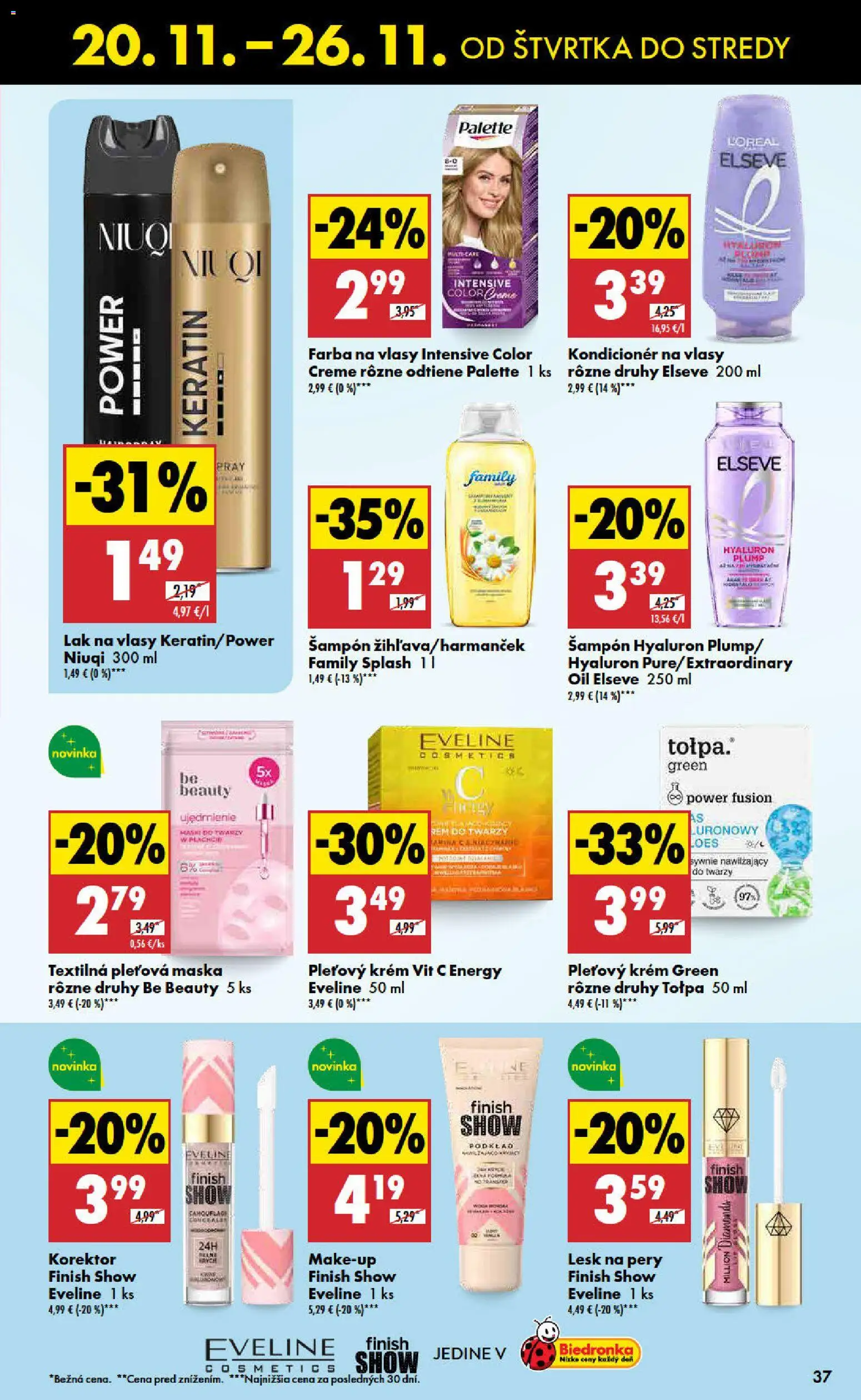 Nové Biedronka akcie – leták je platný od 20.11.2025 | Strana: 37 | Produkty: Korektor, Lesk na pery, Lak na vlasy, Maska