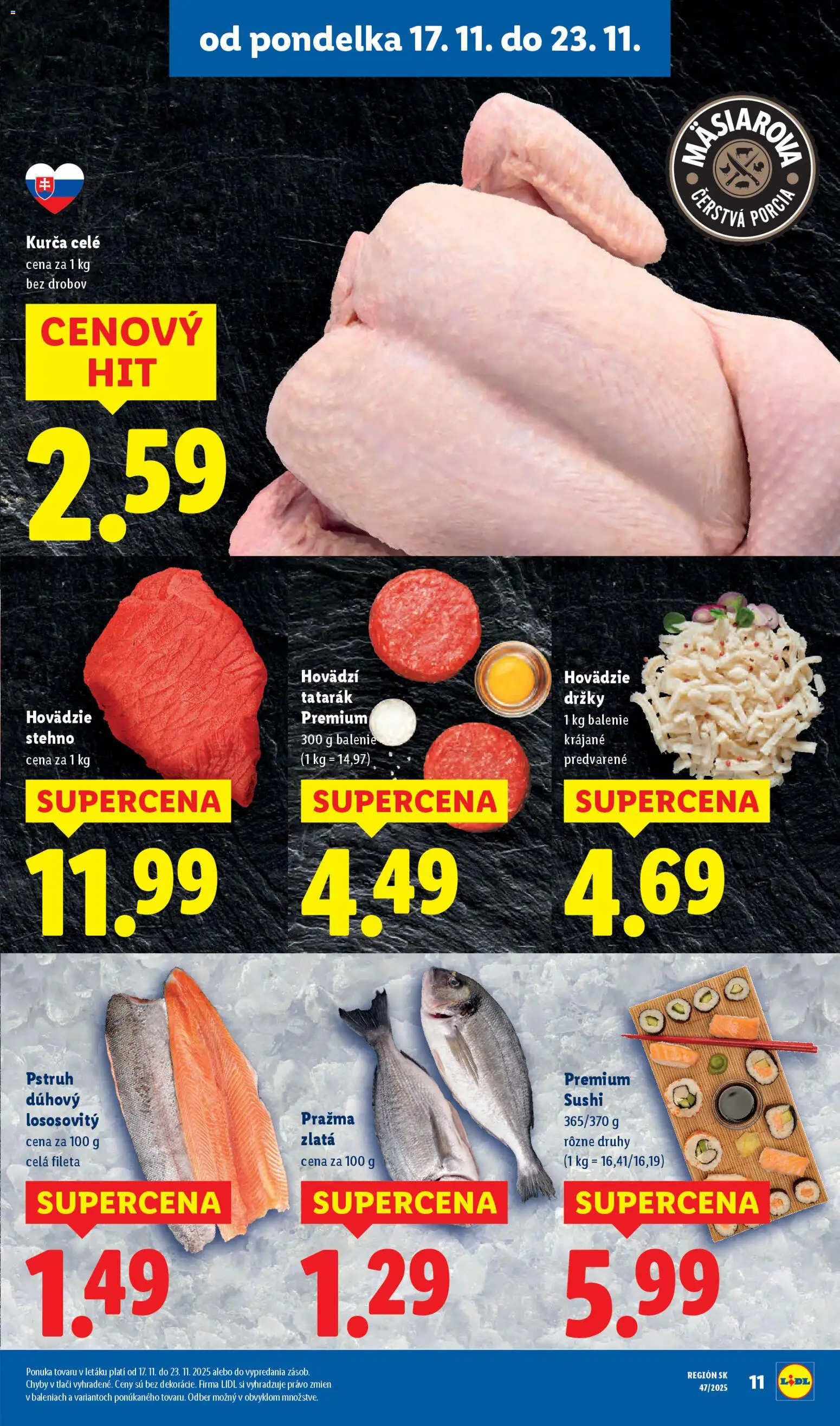 Nové Lidl akcie – leták je platný od 17.11.2025 | Strana: 11 | Produkty: Pstruh, Tatarák, Sushi, Kurča