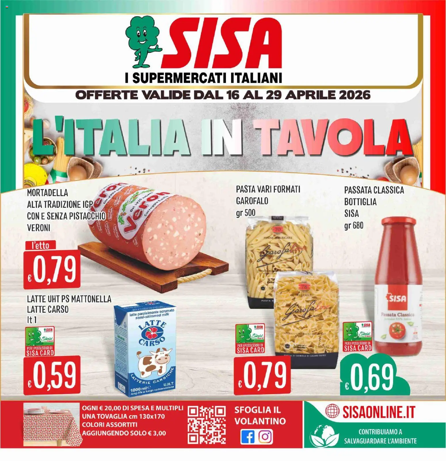 Volantino SISA del 16.04.2026 | Pagina: 1 | Prodotti: Latte, Pasta, Mortadella, Tovaglia