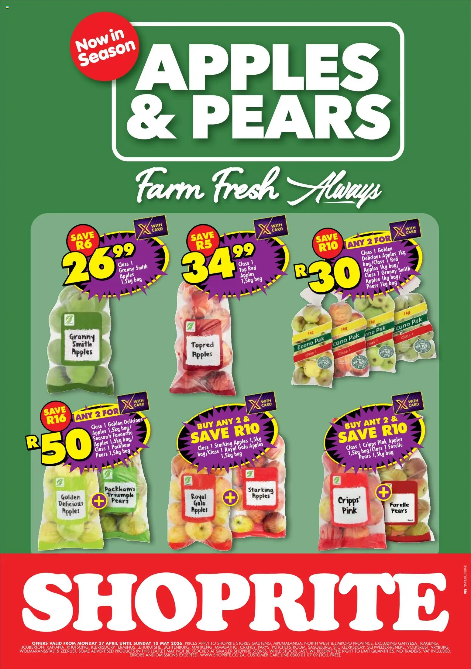 New Shoprite catalogue – valid from 27.04.2026 | Page: 1 | Products: Pears, Bag, Apples