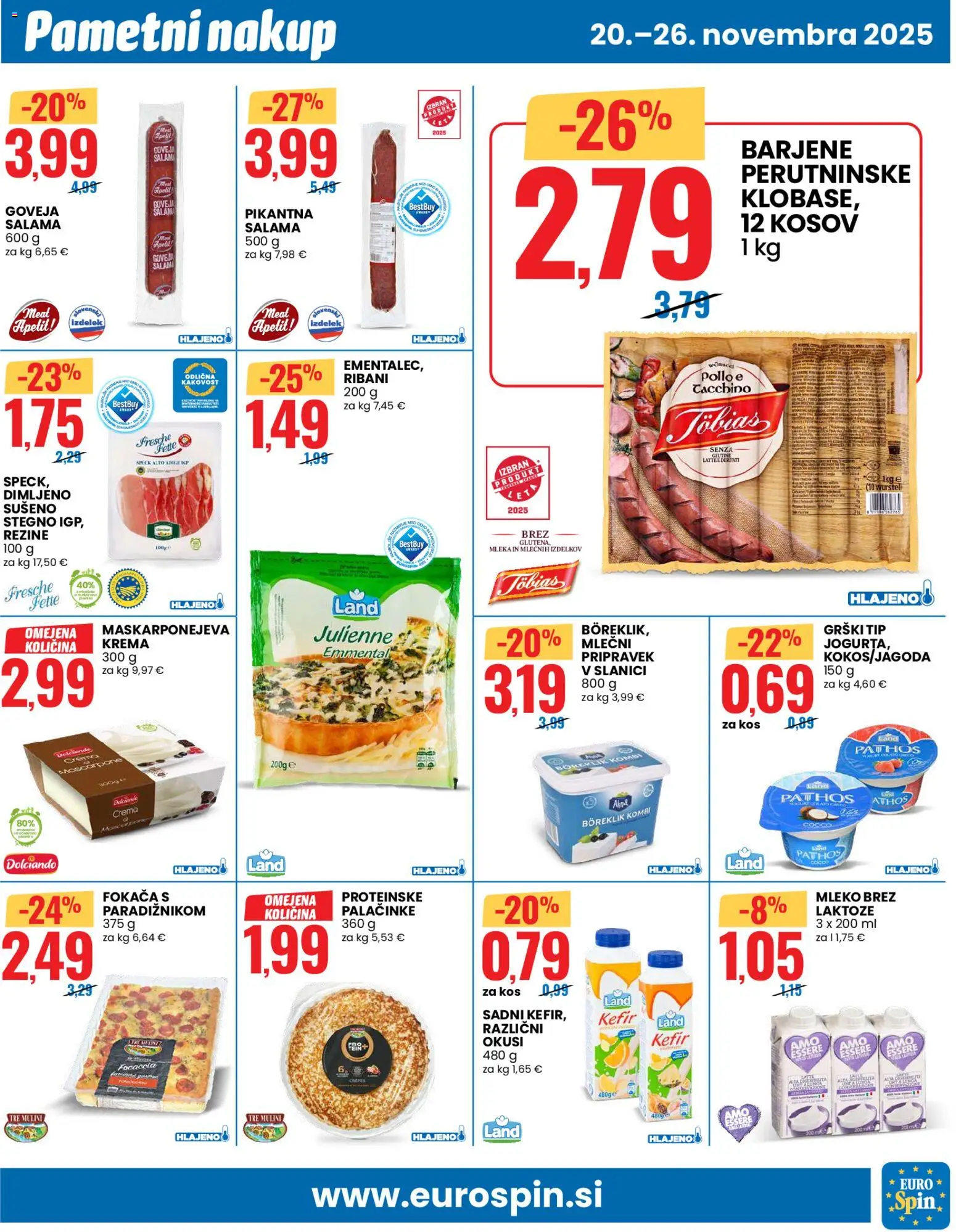 Novi Eurospin katalog ponudbe – veljaven od 20.11.2025 | Stran: 5 | Izdelki: Kefir, Palačinke, Mleko, Salama