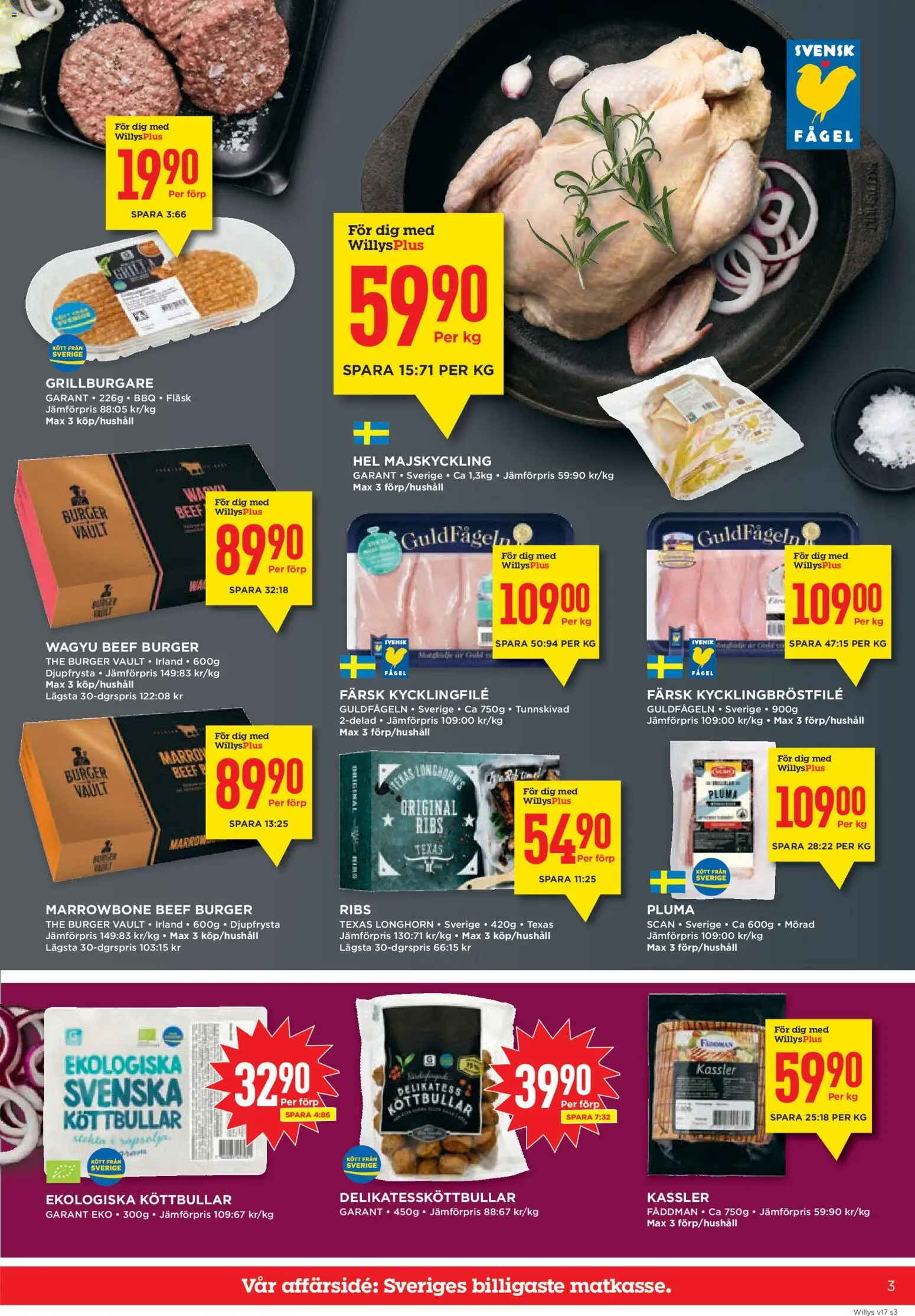 Willys reklamblad aktuell från 20.04.2026 | Sida: 3 | Produkter: Köttbullar, Kassler, Kycklingfile, Fläsk