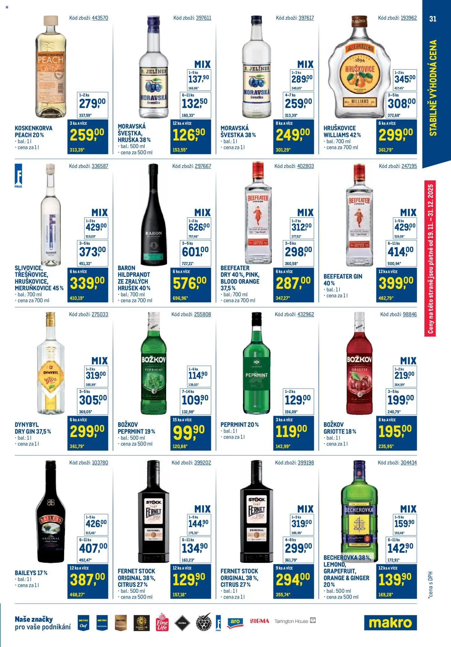Makro leták - Stabilně výhodná cena od 19.11.2025 | Strana: 31 | Produkty: Hruškovice, Gin, Becherovka, Baileys