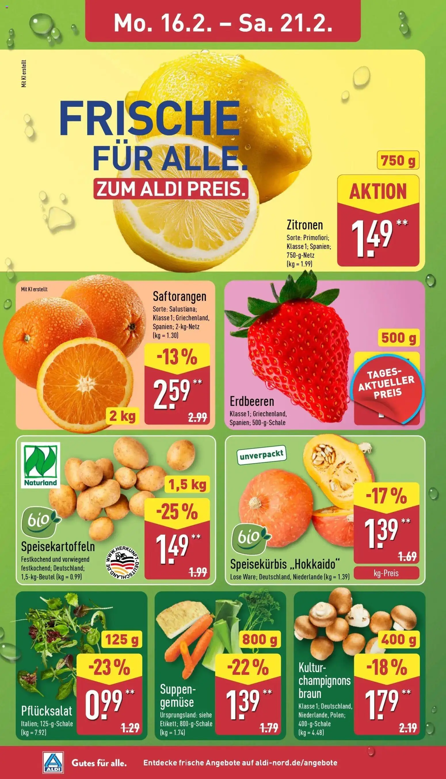 Aldi Wochenangebote – gültig ab 16.02.2026 | Seite: 2 | Produkte: Champignons, Gemüse, Erdbeeren, Zitronen